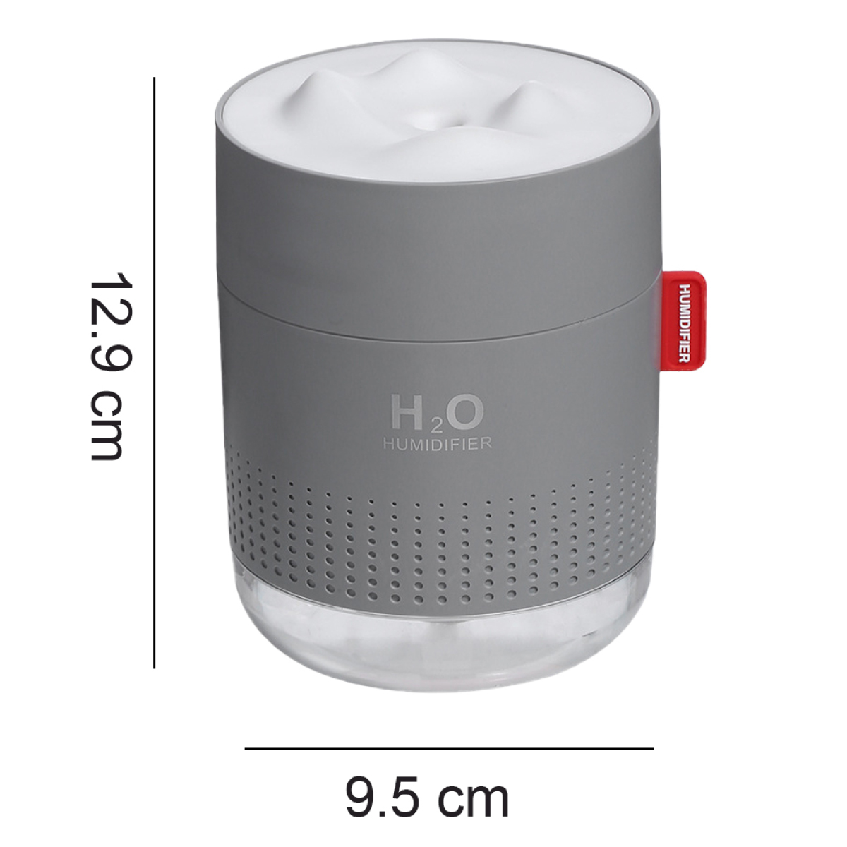 Ein grauer Luftbefeuchter mit Abmessungen und einem Etikett mit der Aufschrift 'HUMIDIFIER'.
