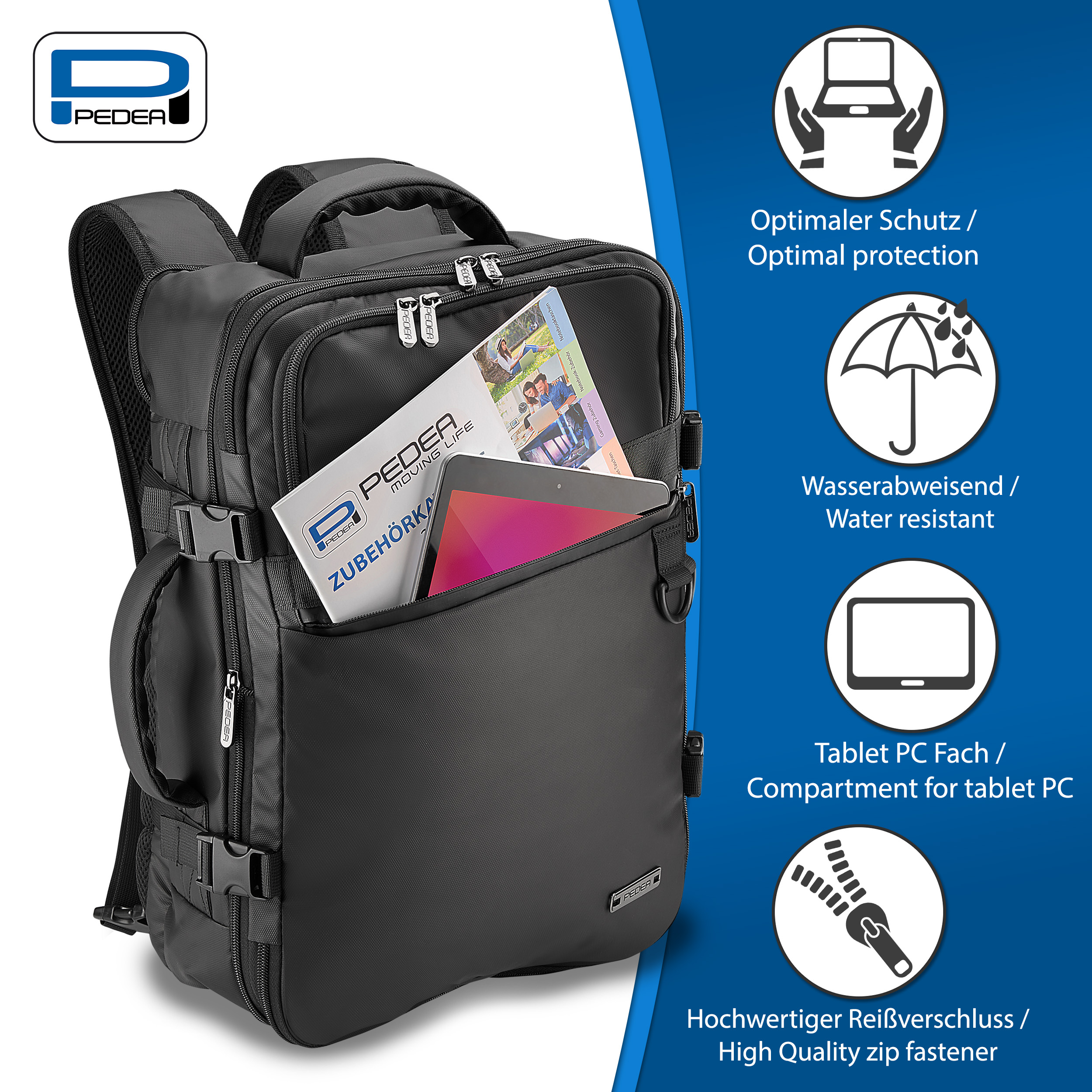 Ein schwarzer Rucksack mit mehreren Taschen. Mit Tabletfach. Text über Wasserbeständigkeit und Reißverschlüsse.