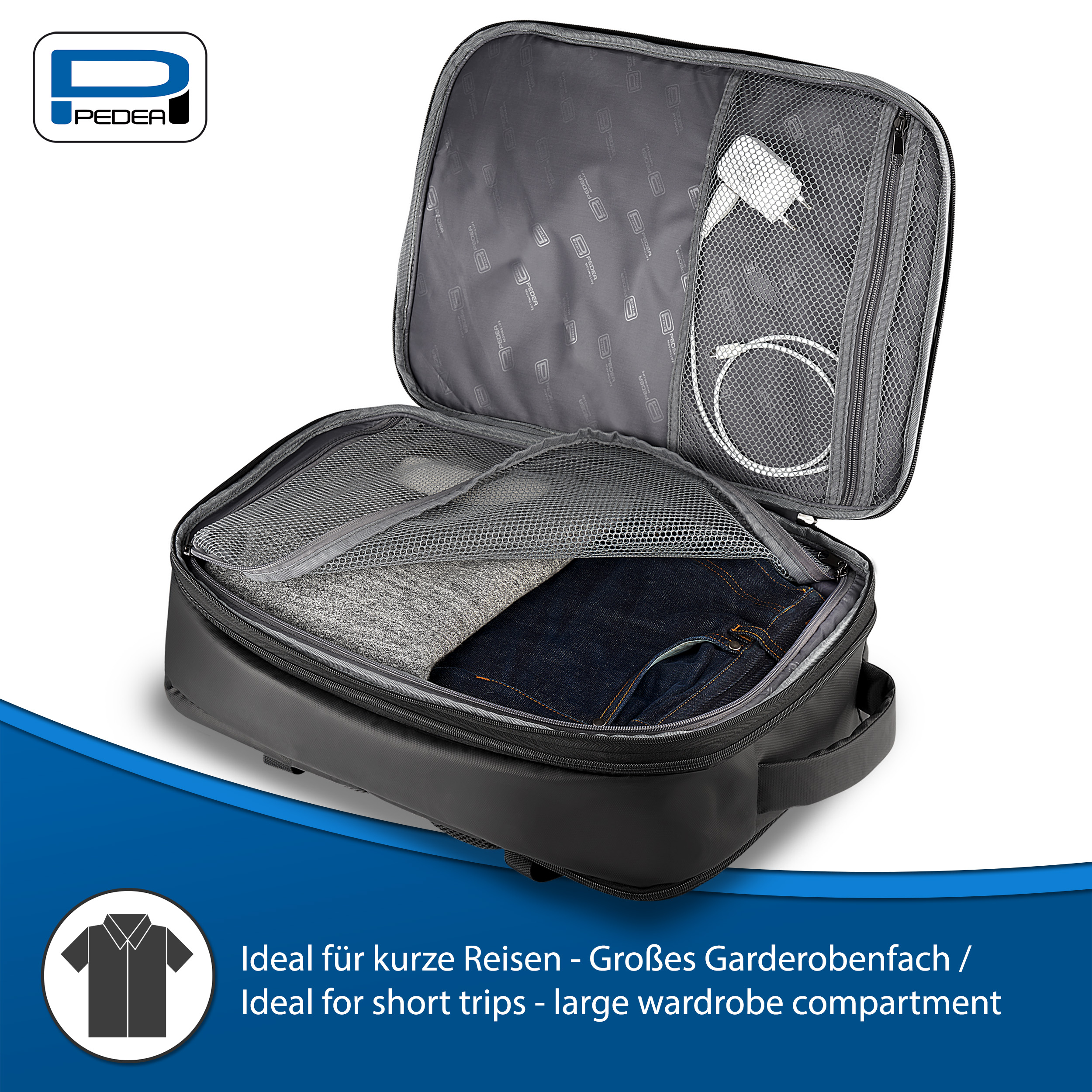 Geöffnete schwarze Reisetasche mit Kleidung und Zubehör. Text: Ideal für Kurztrips - großes Garderobenfach.