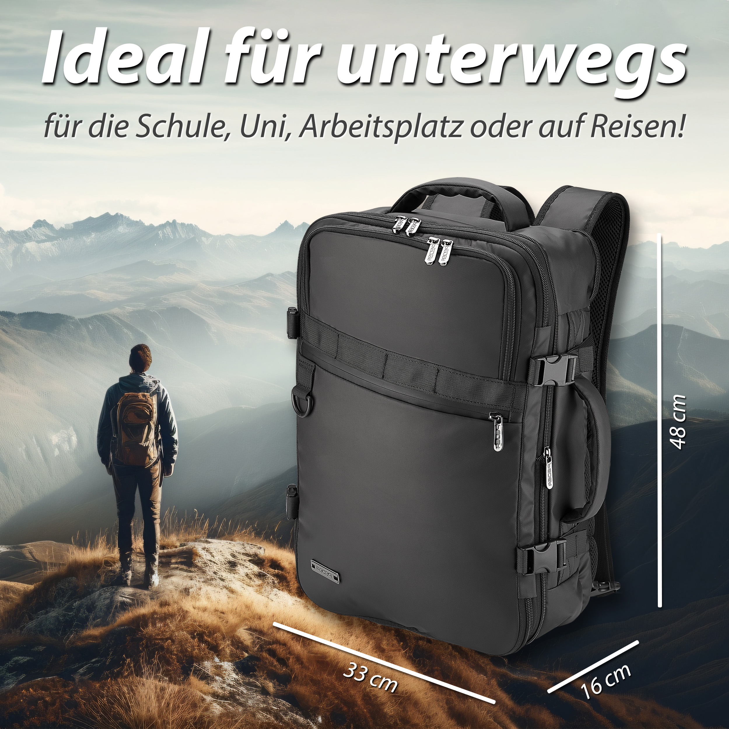 Ein schwarzer Rucksack mit Maßangaben, eine Person mit Rucksack in Berglandschaft.