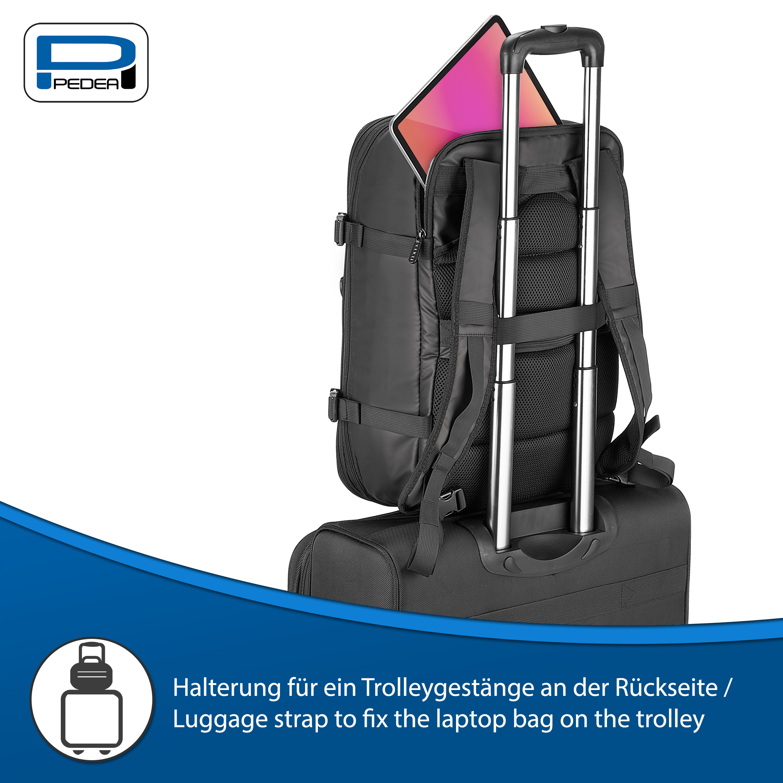 Ein schwarzer Rucksack auf einem Koffer mit dem Text 'Gepäckriemen zur Befestigung der Laptoptasche am Trolley'.