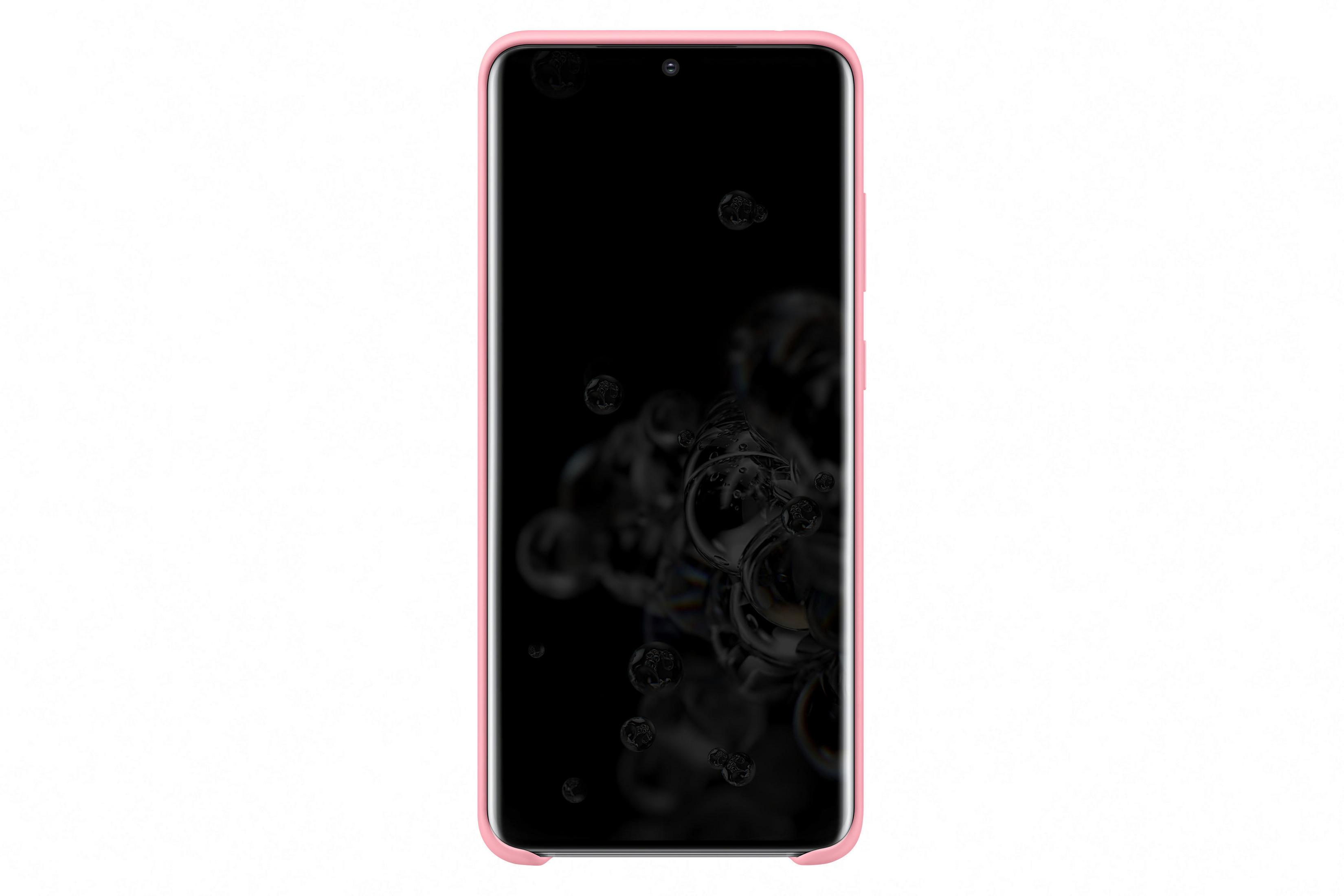 Ein Telefon in einer rosa Hülle, schwarzer Bildschirm mit verschwommenen Blasen.
