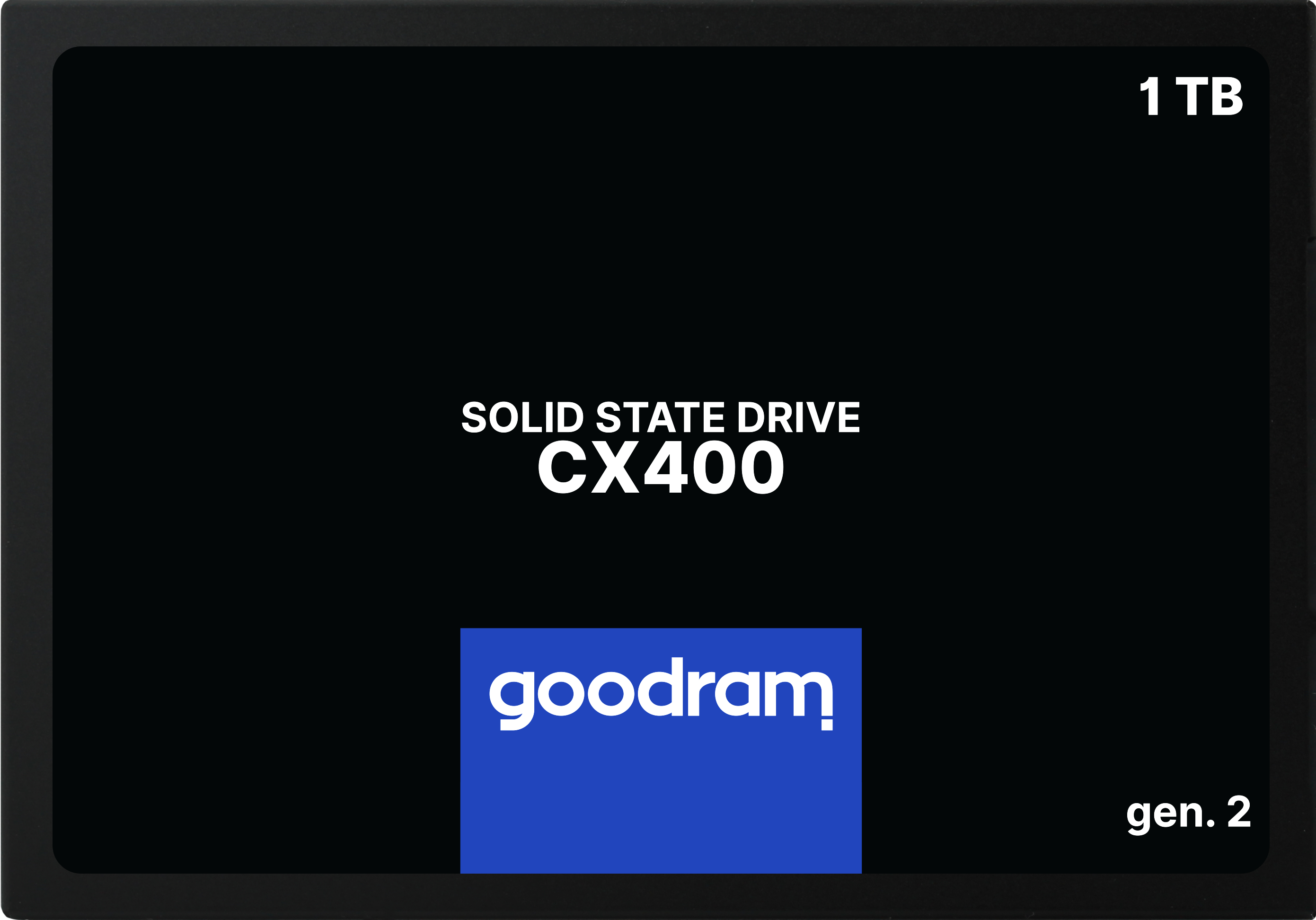 Un disque SSD noir avec du texte blanc indiquant "1 TB" et "GOODRAM CX400".