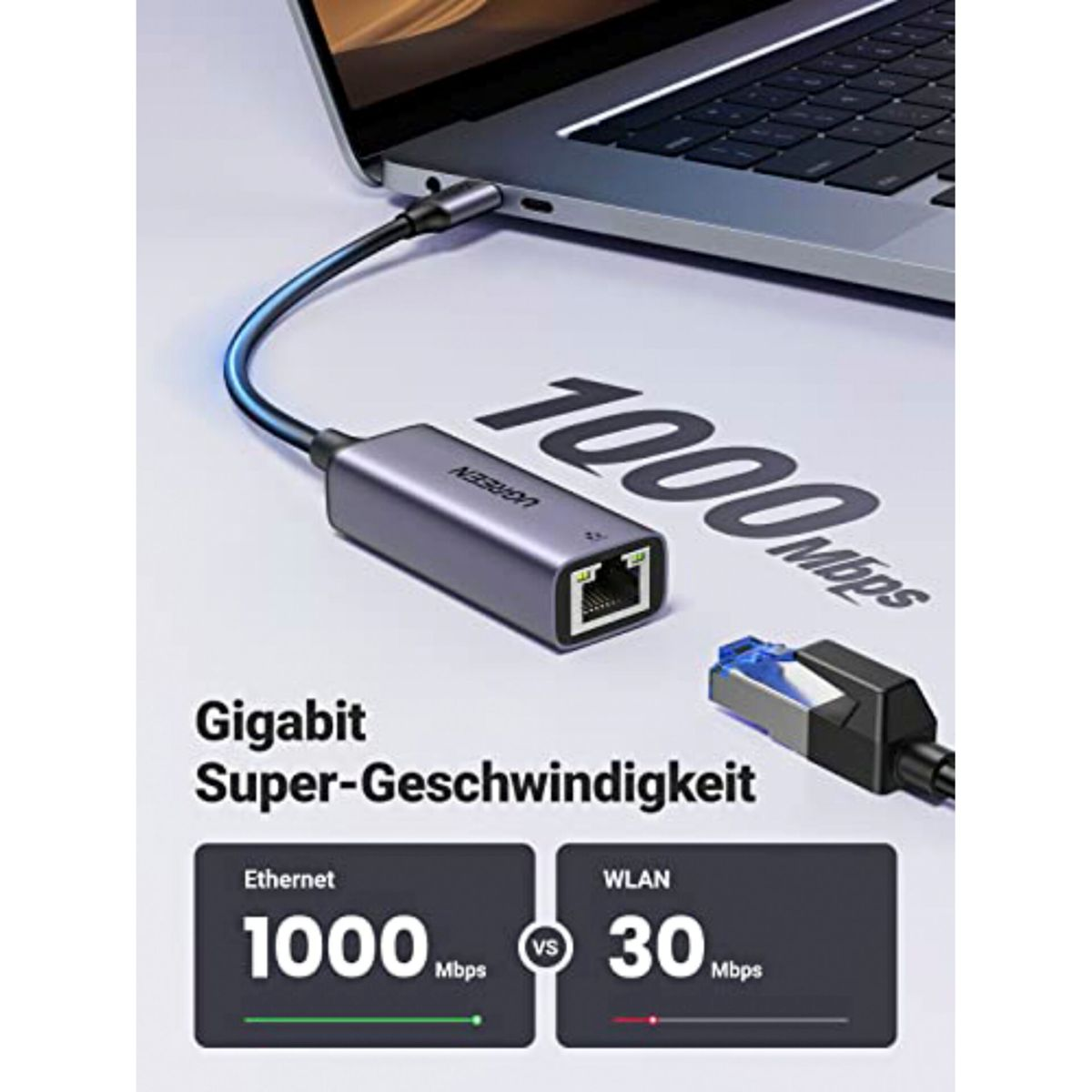 Adaptador de red UGREEN con portátil y cable USB, mostrando velocidad Gigabit vs WLAN.