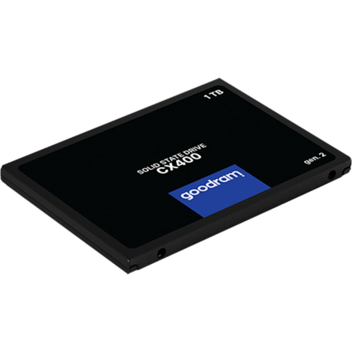 Disque SSD noir avec une étiquette bleue. Sur fond noir. Texte : 1TB, CX400.