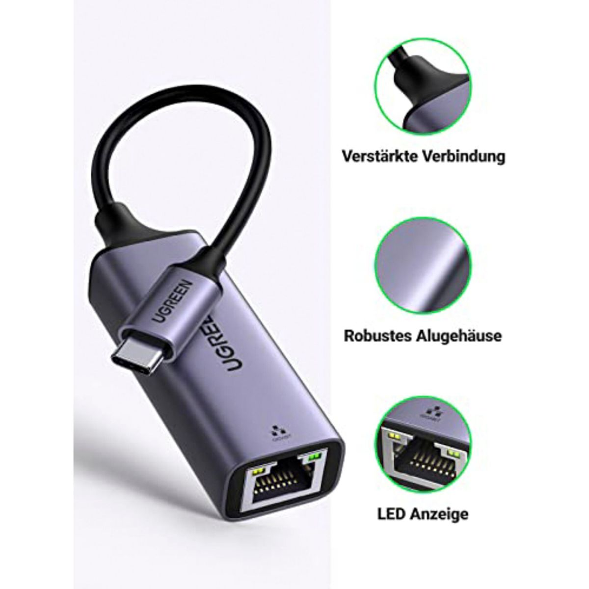 Adaptador USB-C a Ethernet UGREEN plateado. Tiene un conector USB-C y un puerto Ethernet.