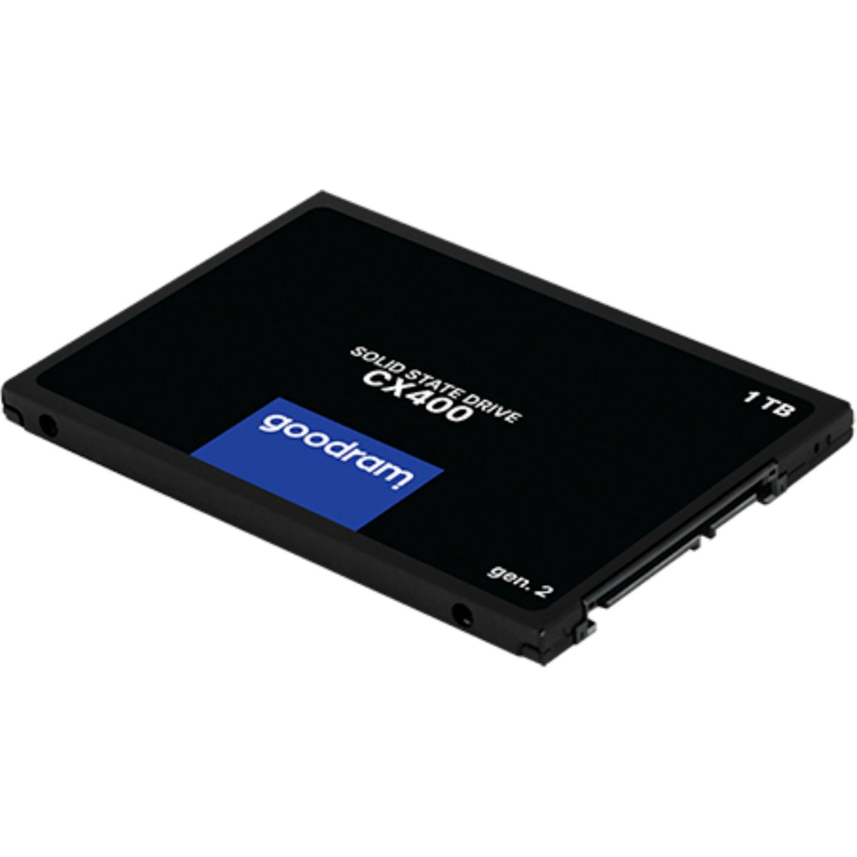 Un disque SSD noir. Le texte sur le disque indique "SOLID STATE DRIVE CX400 1TB".