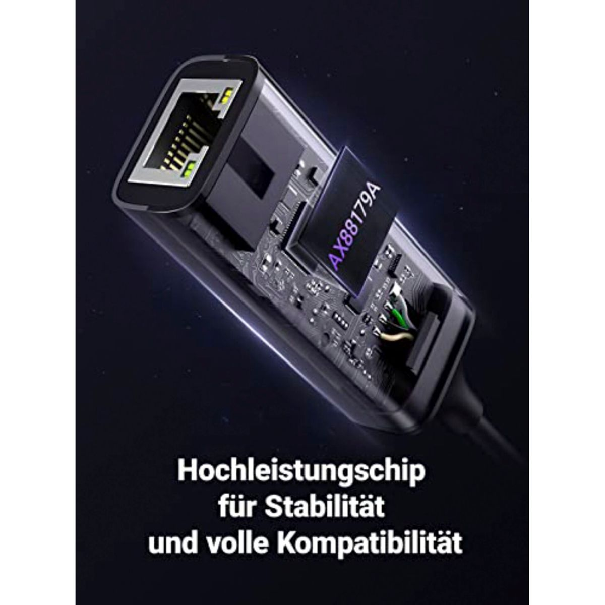 Primer plano de un adaptador de red con chip AX88179A.