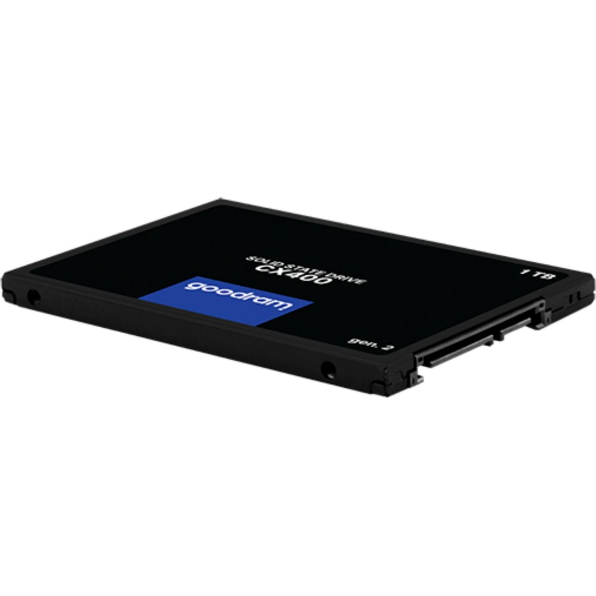 SSD Goodram CX400 noir. Le SSD est plat et rectangulaire, sur fond blanc, avec logo bleu.