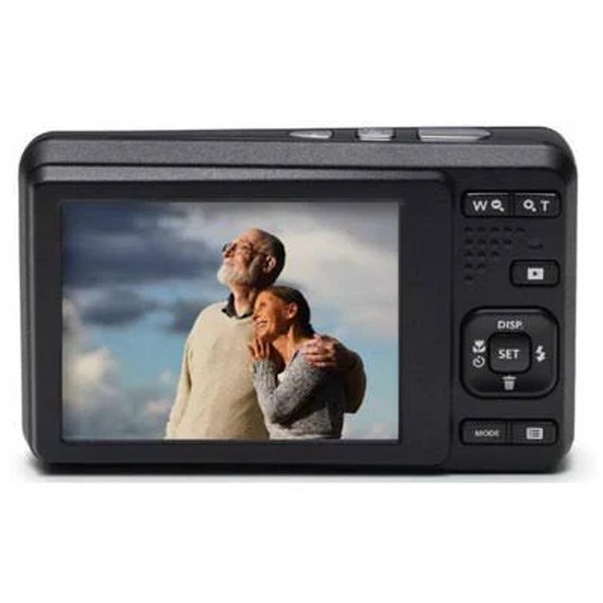 Czarny aparat cyfrowy wyświetlający starszą parę na ekranie. Aparat ma przyciski i białe tło.
