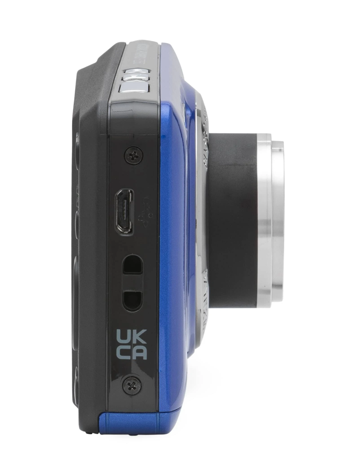 Widok z boku niebiesko-czarnego aparatu cyfrowego, z widocznymi portami i elementami sterującymi.