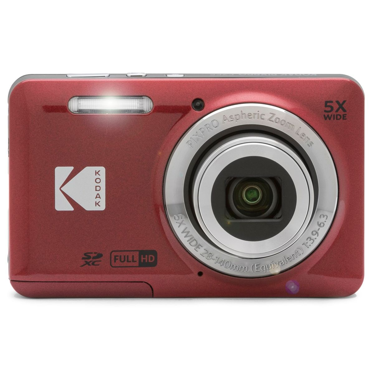 Czerwony aparat cyfrowy Kodak Pixpro ze srebrnym obiektywem i ekranem, na białym tle.