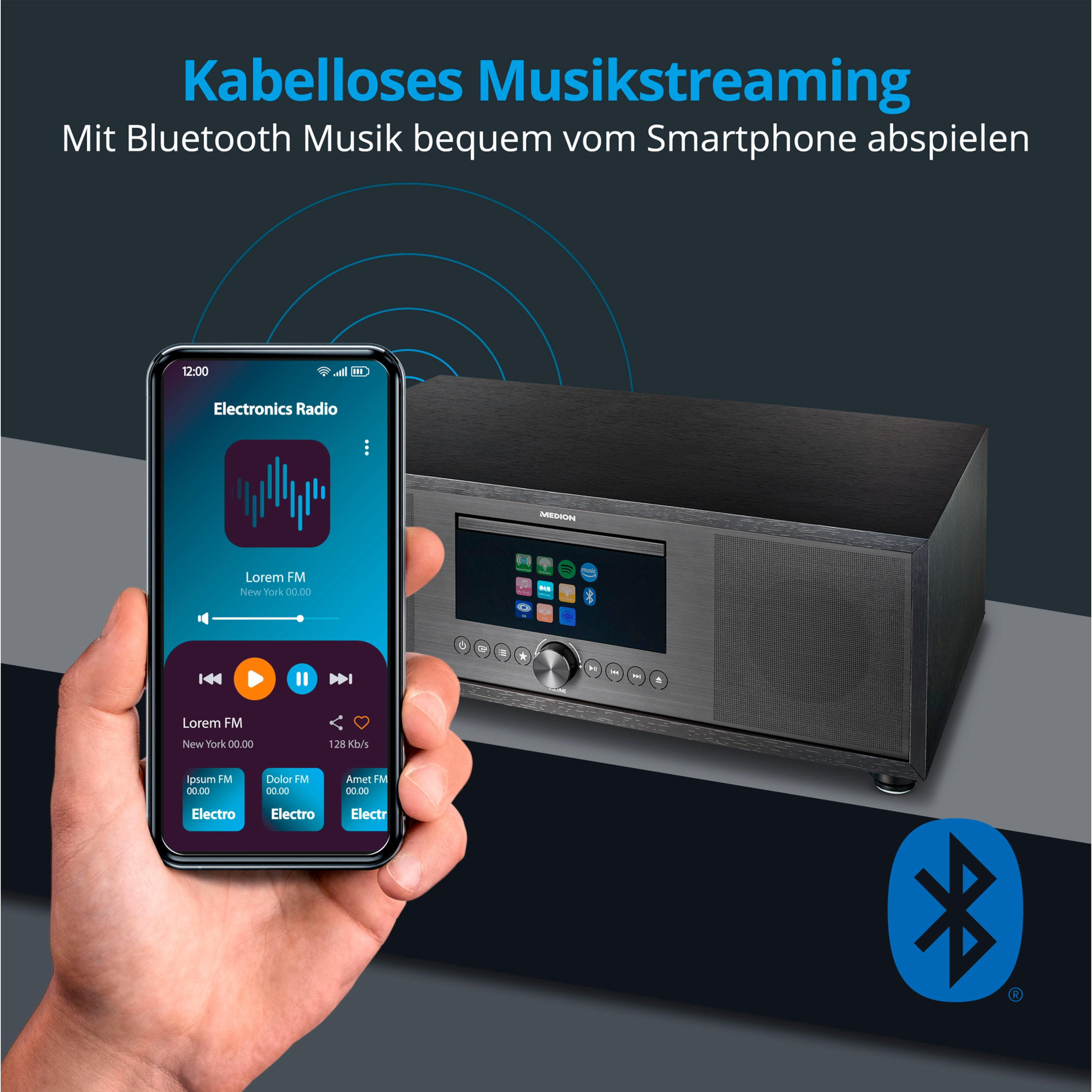 MEDION LIFE® CD/MP3- WLAN System, Player, All-in-One Radio, anthrazit P66400 Internet/DAB+/PLL-UKW Bluetooth®, Internetradio, KW, Audio