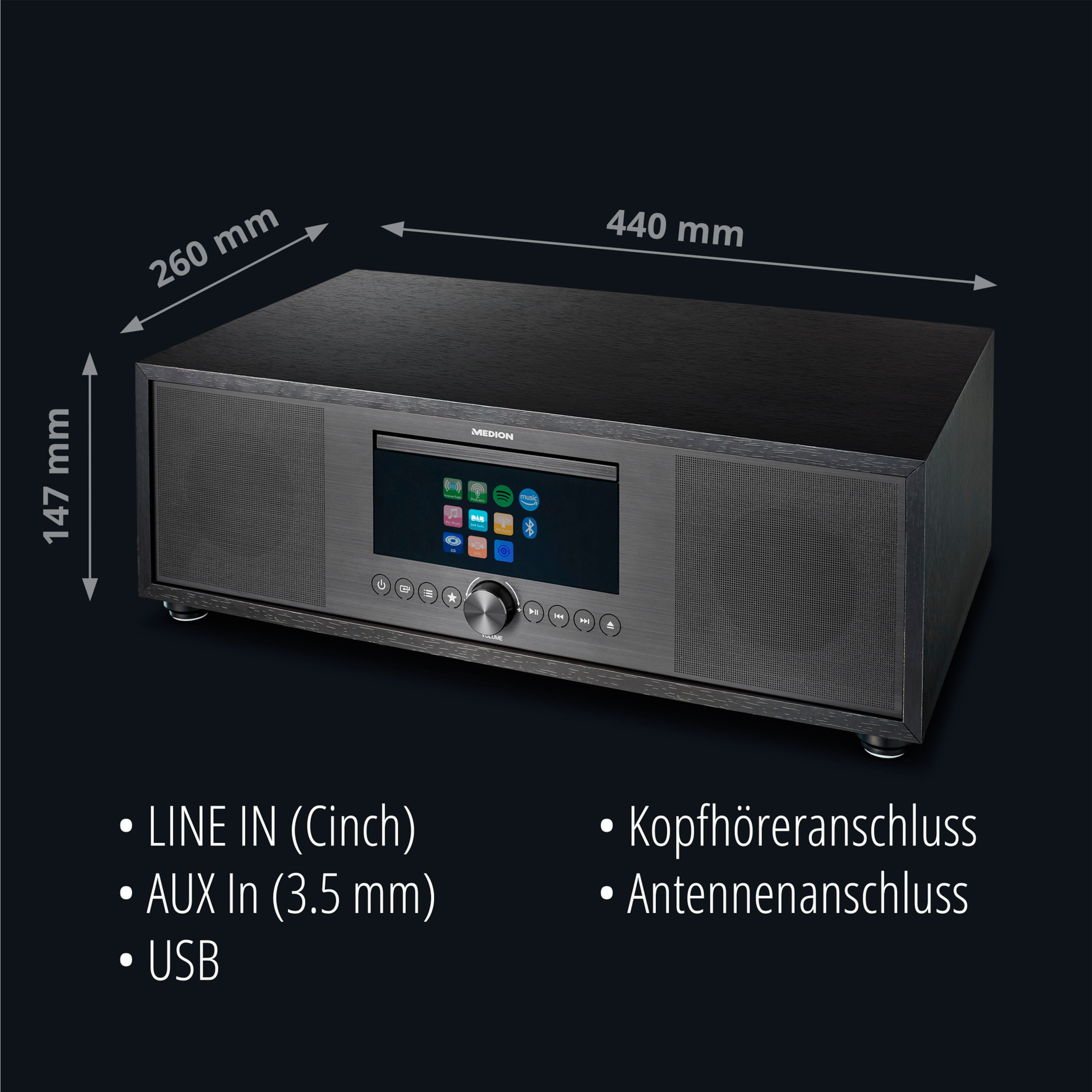 MEDION LIFE® P66400 Audio Internet/DAB+/PLL-UKW System, anthrazit Player, All-in-One Bluetooth®, Internetradio, Radio, WLAN KW, CD/MP3