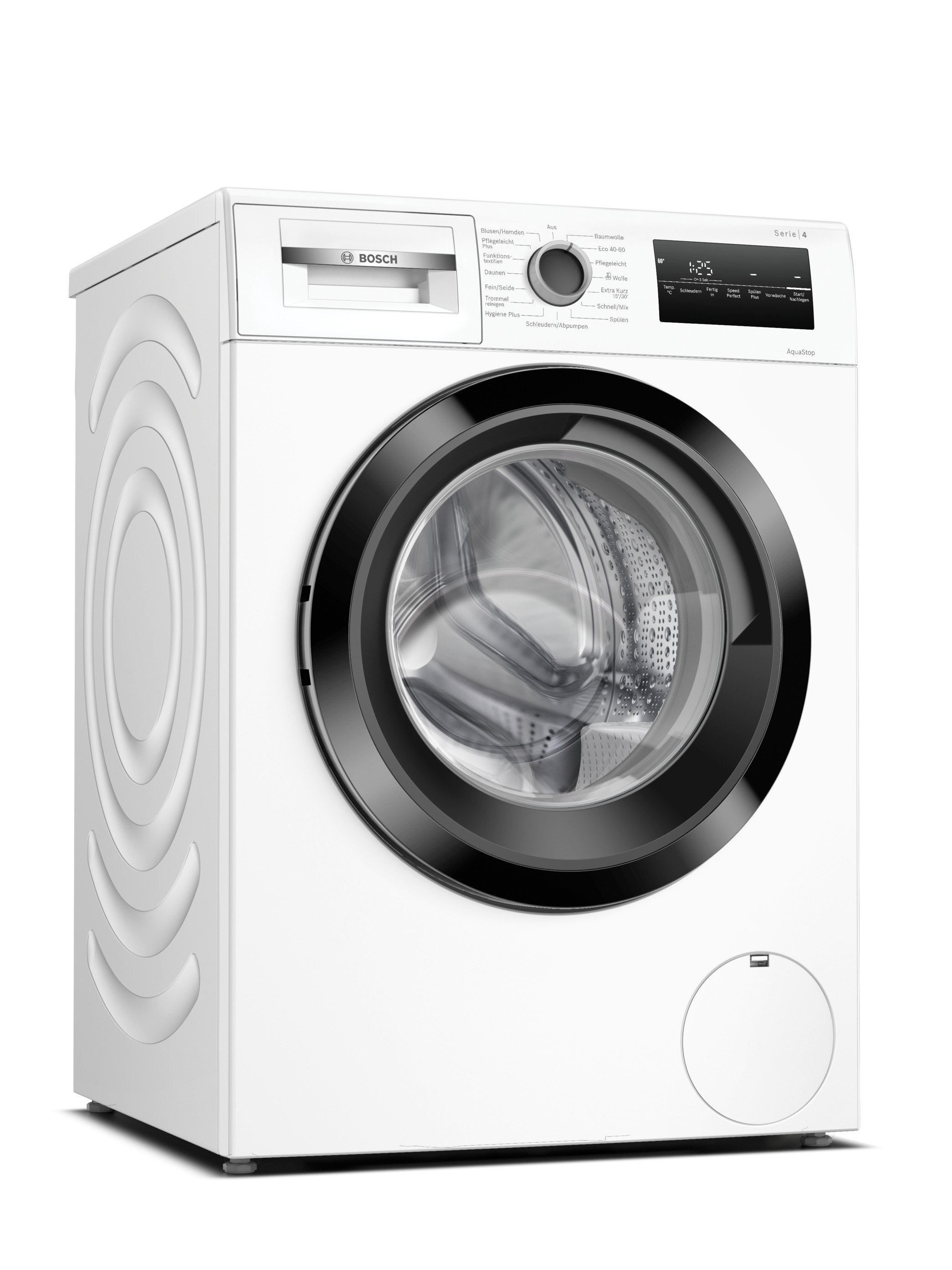 Biała pralka z czarnymi drzwiami i elementami sterującymi na białym tle.