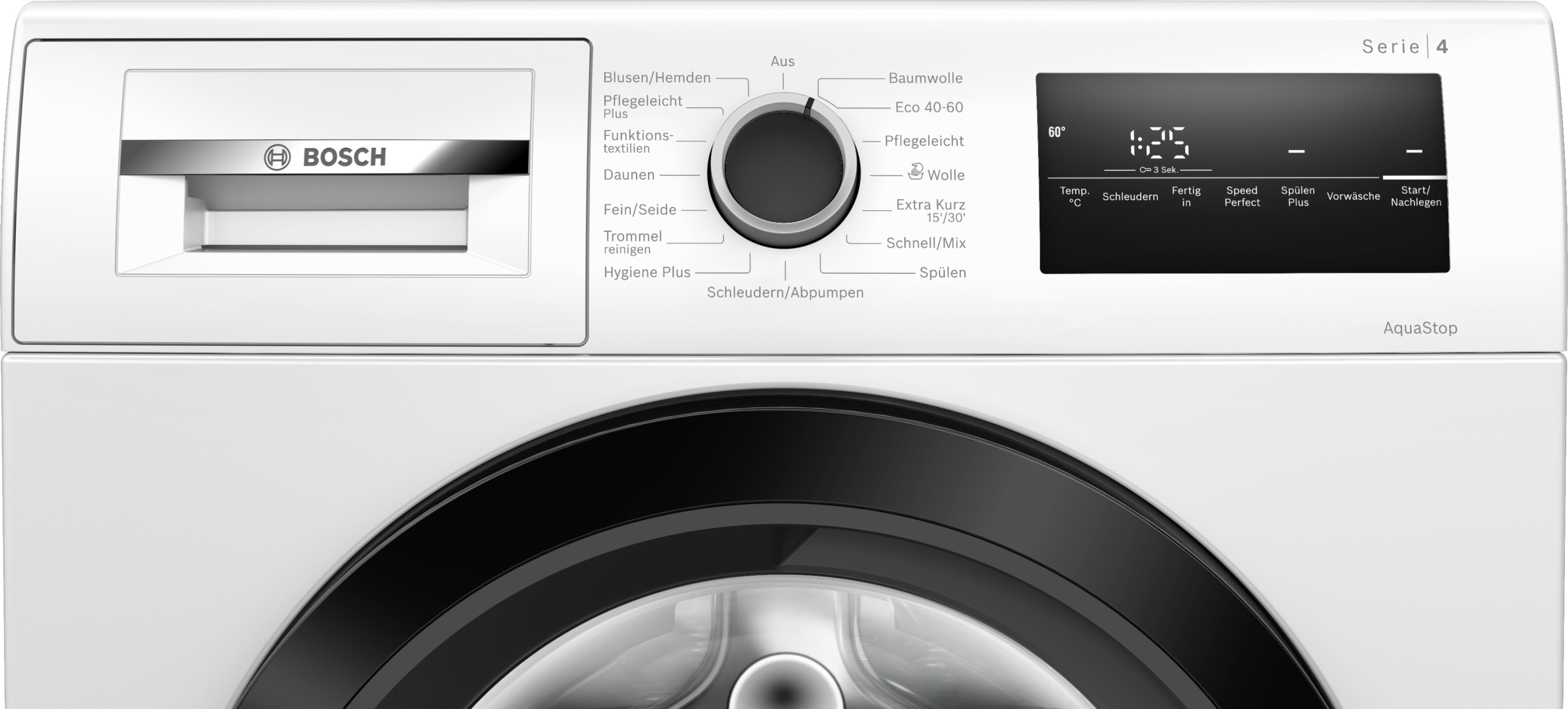 Zbliżenie białego panelu sterowania pralki z przyciskami i wyświetlaczem cyfrowym.