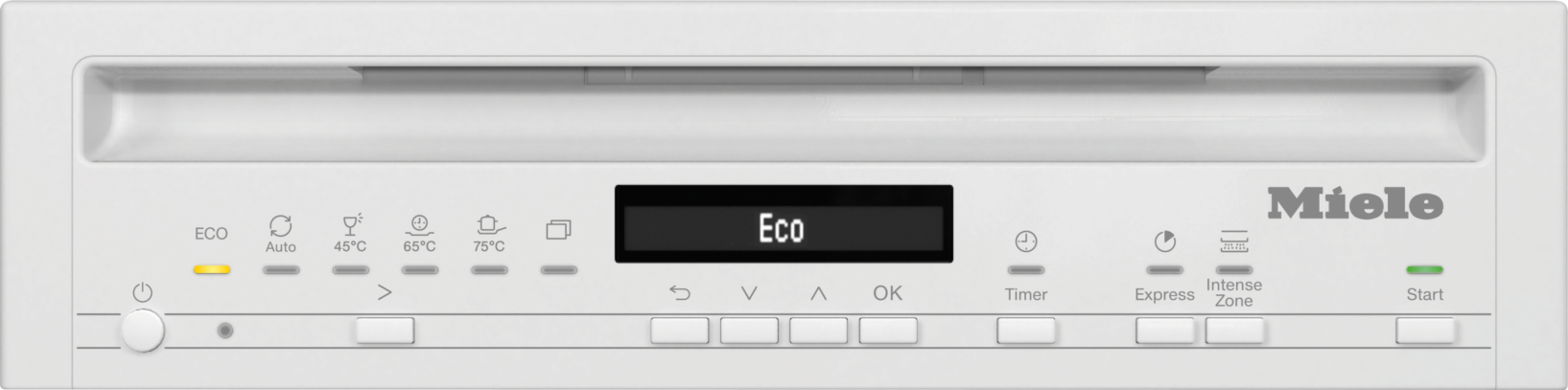 Weißes Miele-Geschirrspüler-Bedienfeld mit Knöpfen und einer 'Eco'-Anzeige, alles auf weißem Hintergrund.