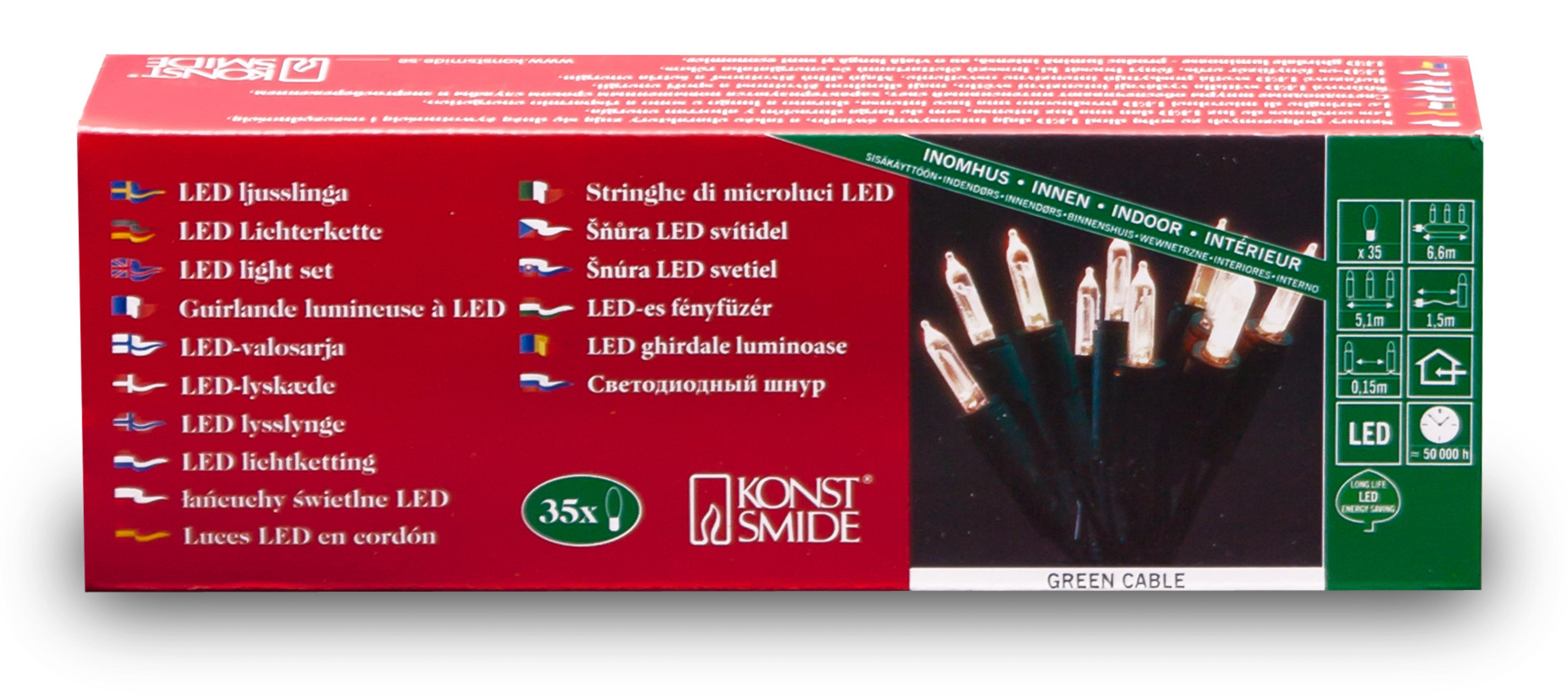 Eine Produktbox mit Text in mehreren Sprachen, die eine Lichterkette mit LED-Leuchten, grünes Kabel zeigt.