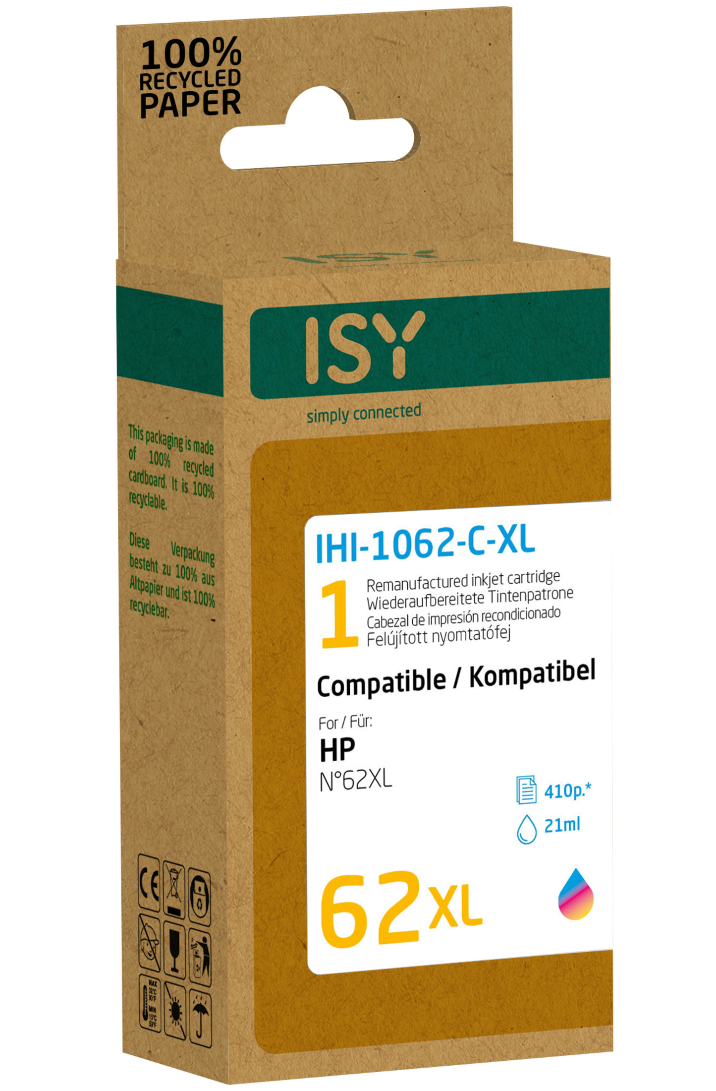 ISY Tintenpatronenbox. Braune Verpackung, Text und ein mehrfarbiger Tintenklecks.