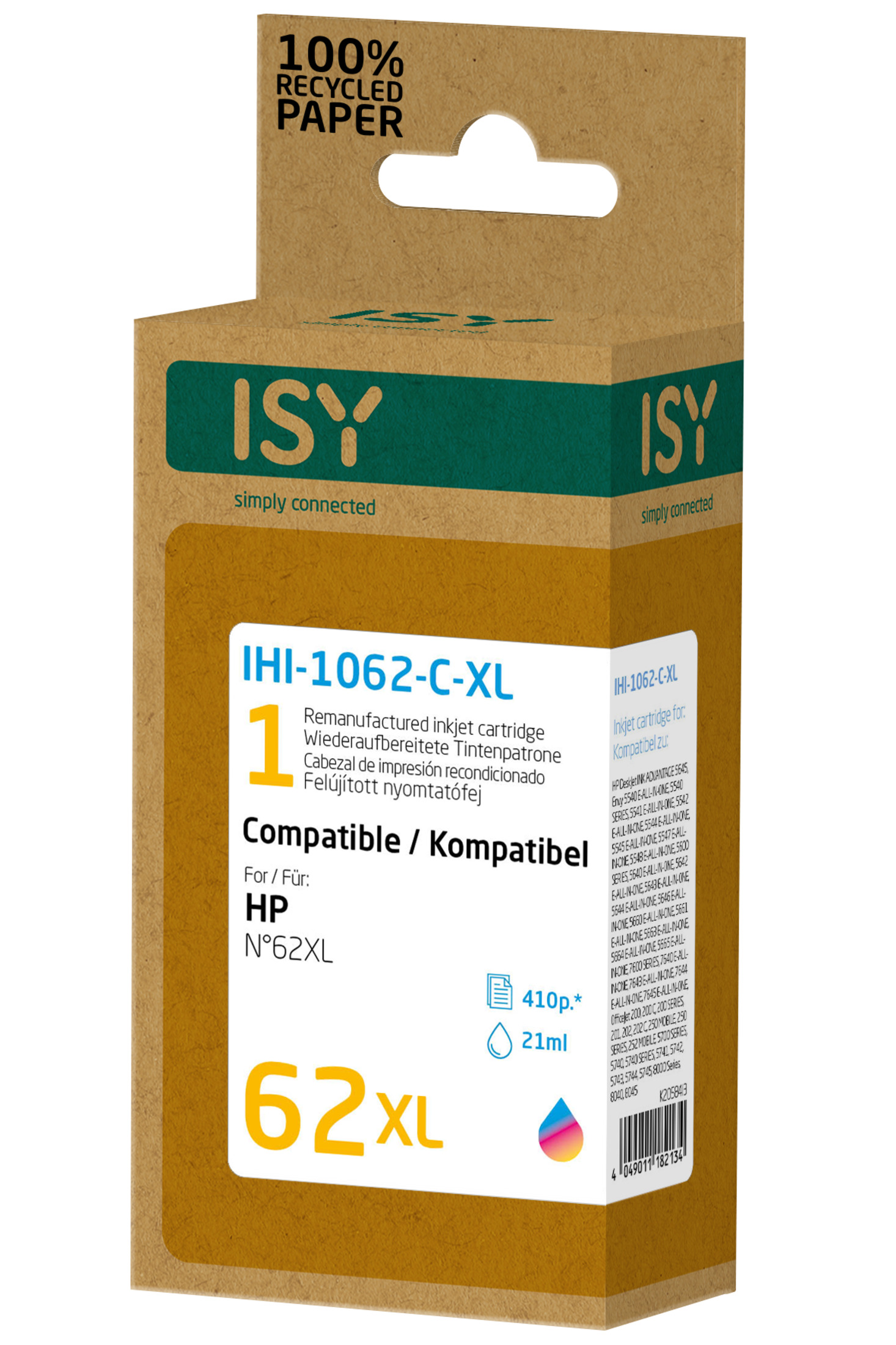 ISY Tintenpatronenbox. Braune Verpackung, Text und ein mehrfarbiger Tintenklecks.