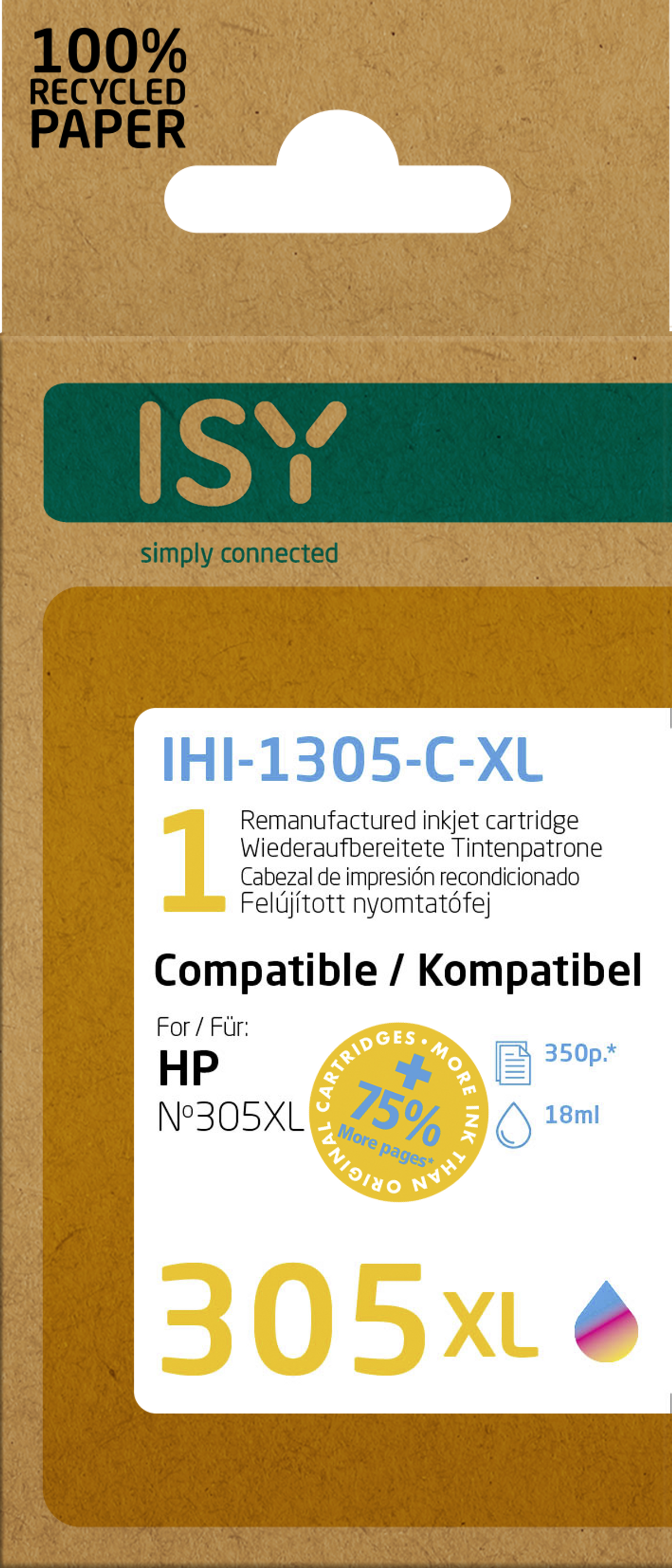 ISY Tintenpatronenbox. Braune Verpackung mit Text und einem mehrfarbigen Tintenklecks.