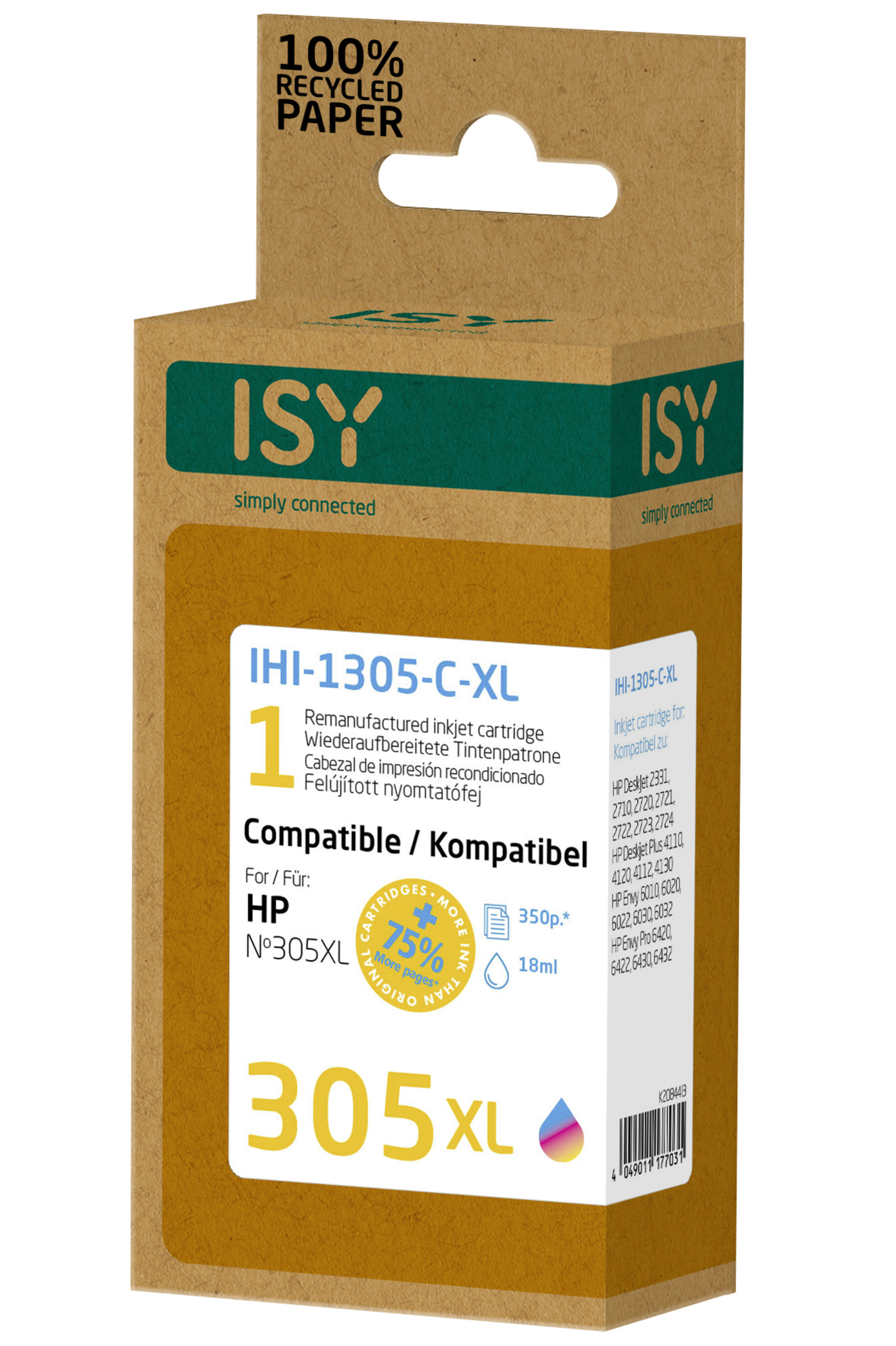 ISY Tintenpatronenbox. Braune Verpackung mit Text und einem mehrfarbigen Tintenklecks.