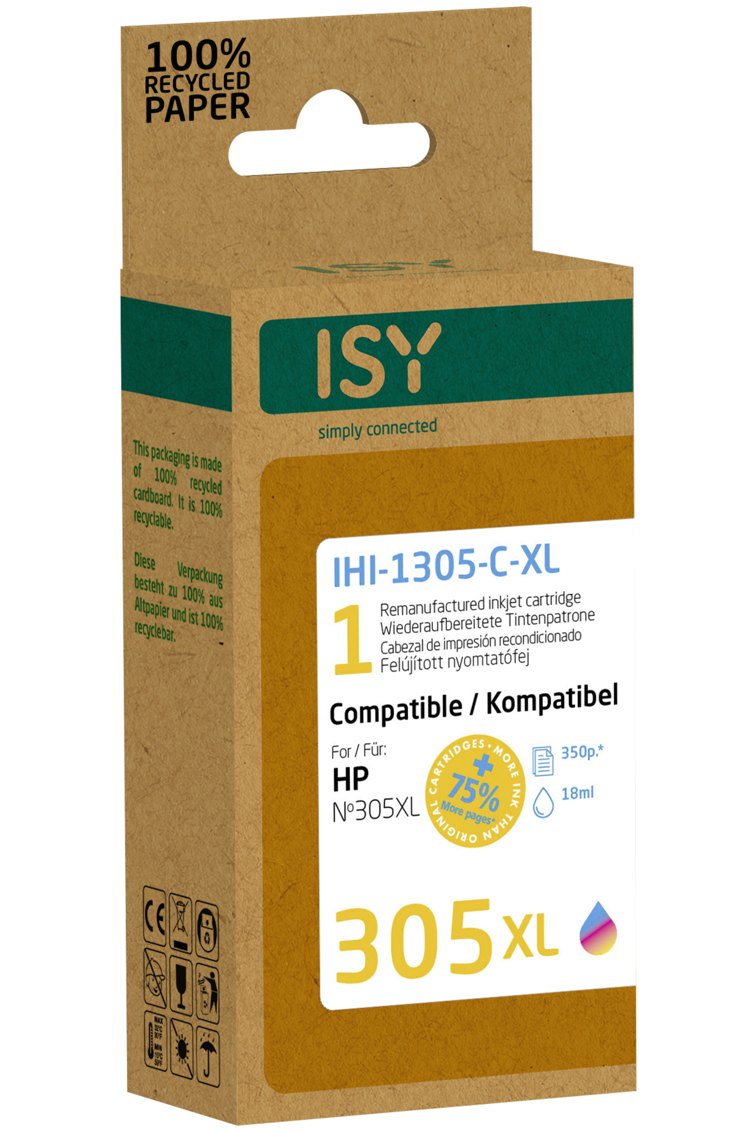 Verpackte ISY-Tintenpatrone für HP-Drucker. Braune Schachtel mit grünen Akzenten, Produktdetails und XL-Label.