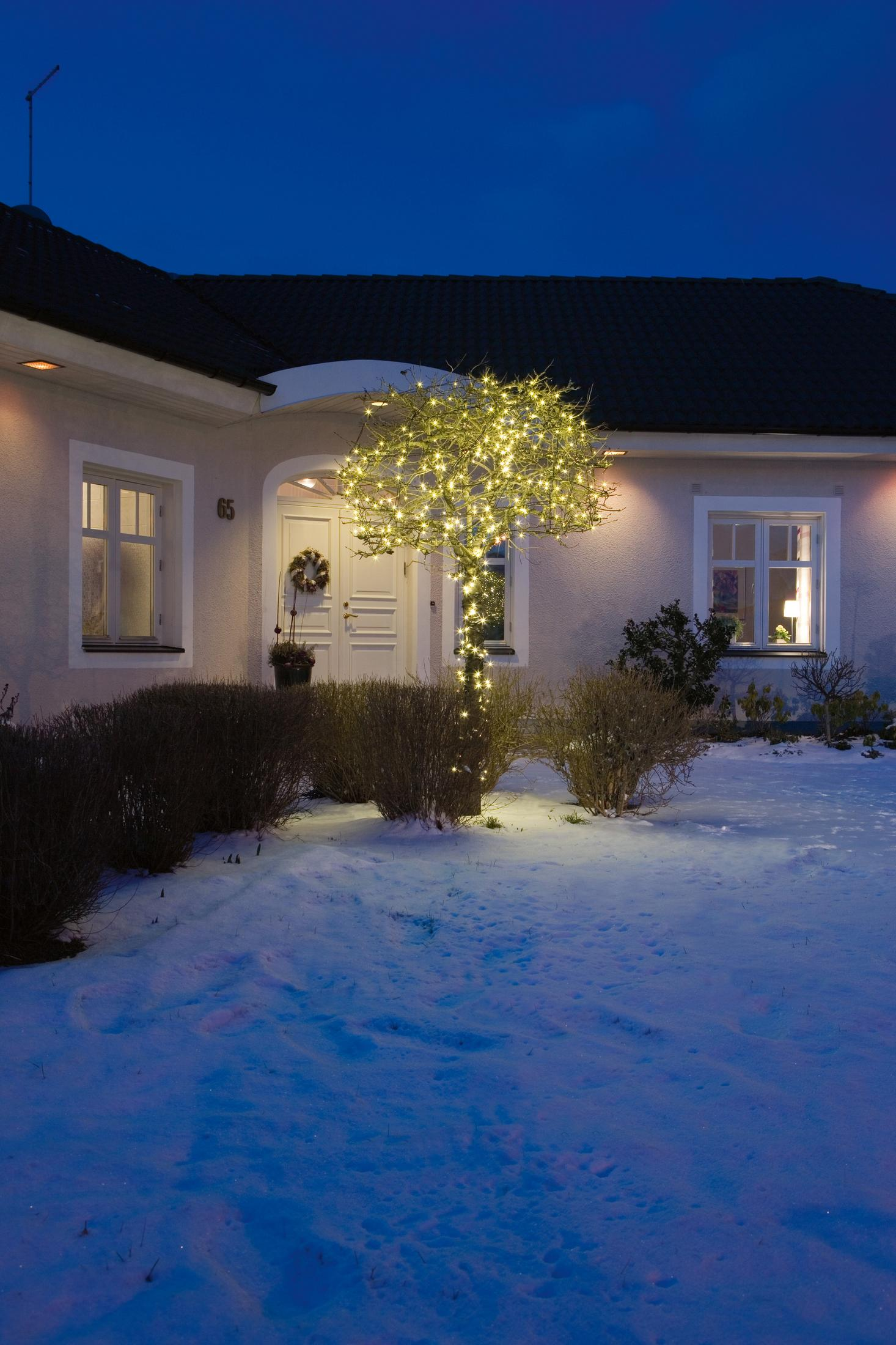 Haus bei Nacht, Baum mit Lichtern umwickelt. Schnee am Boden. Dunkelblauer Himmel im Hintergrund.