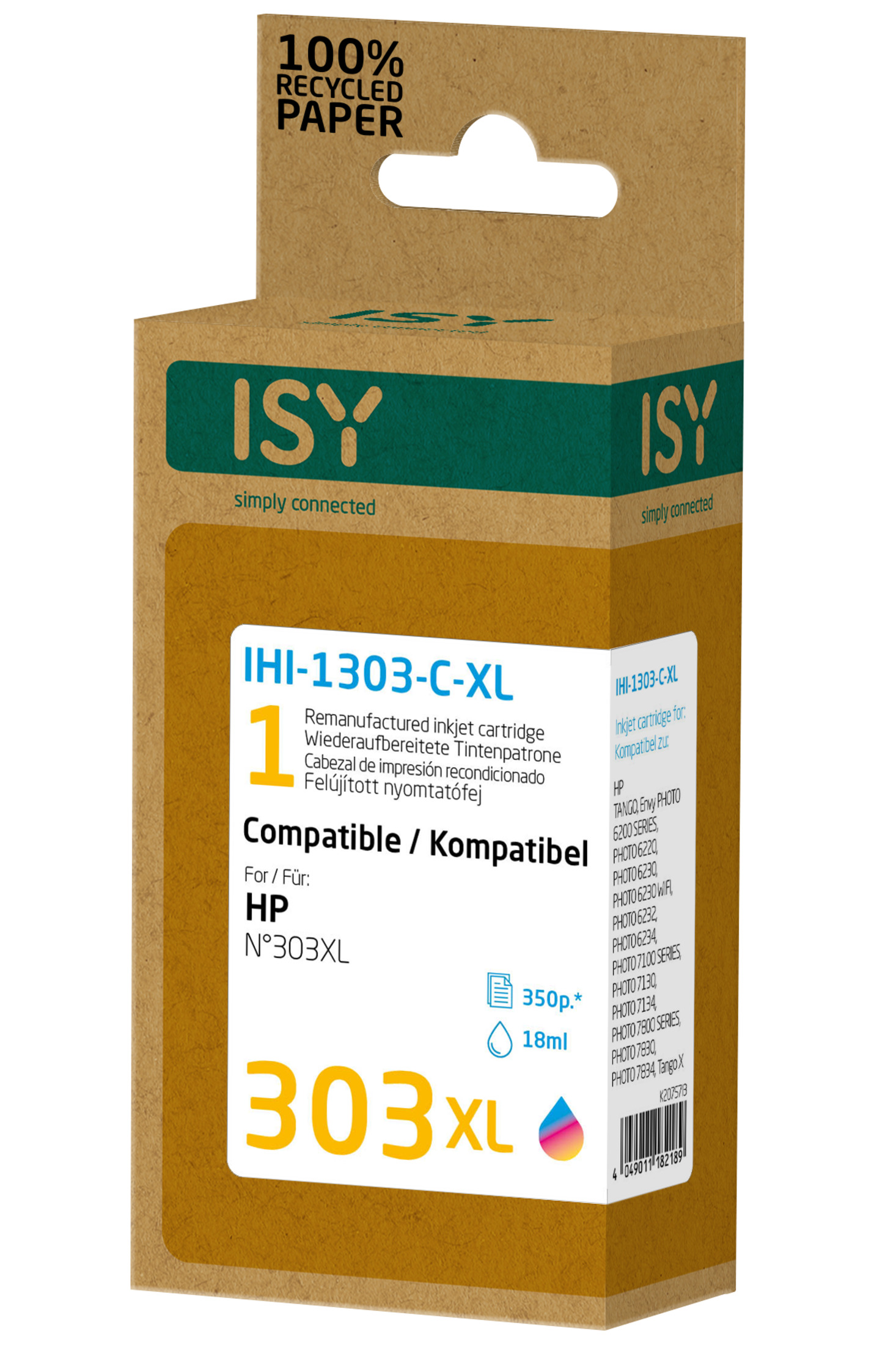 Verpackte ISY-Tintenpatrone für HP-Drucker. Braune Schachtel mit grünen Akzenten, Produktdetails und mehrfarbigem Tintenklecks.