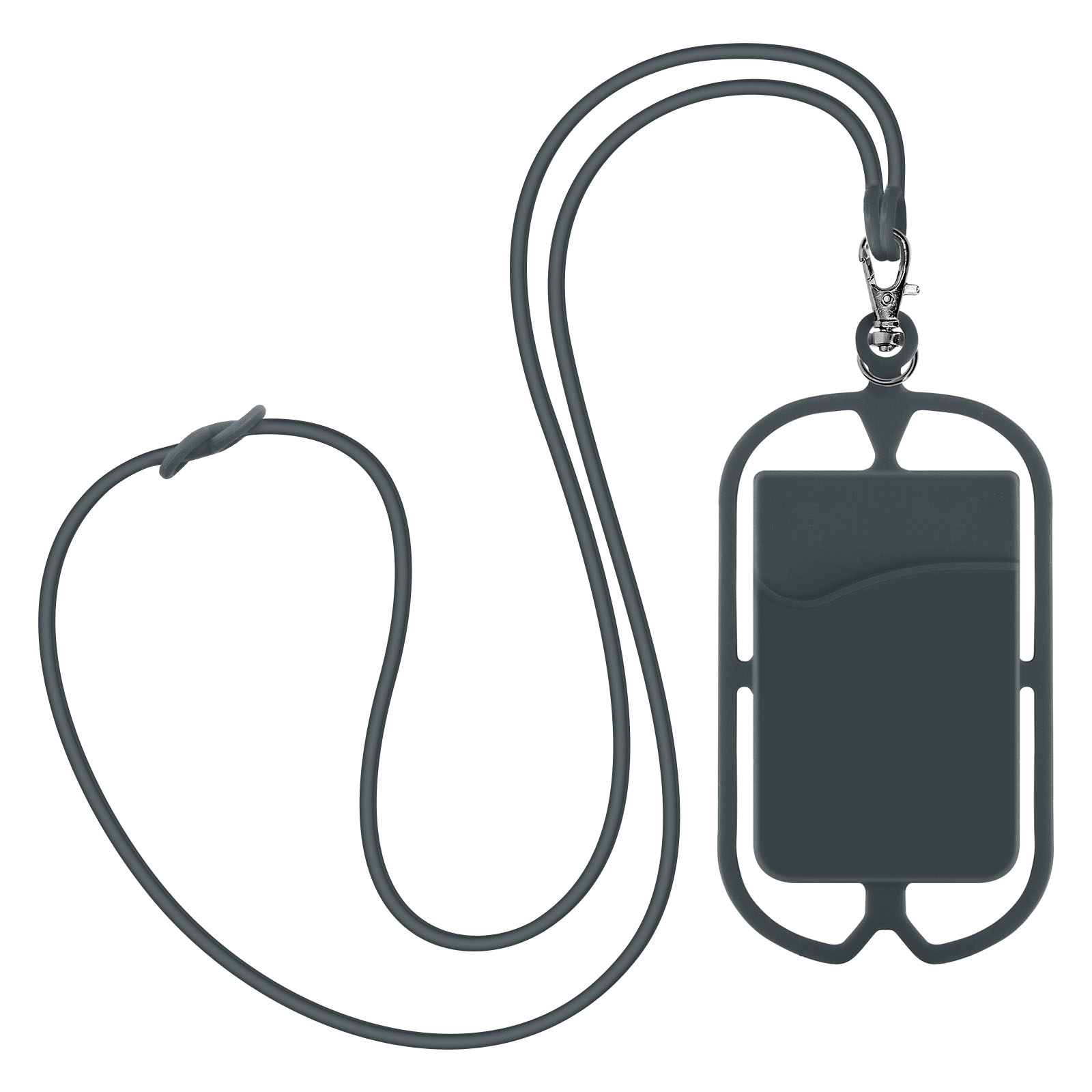 Lanyard per telefono grigio scuro con porta carte e chiusura argentata.