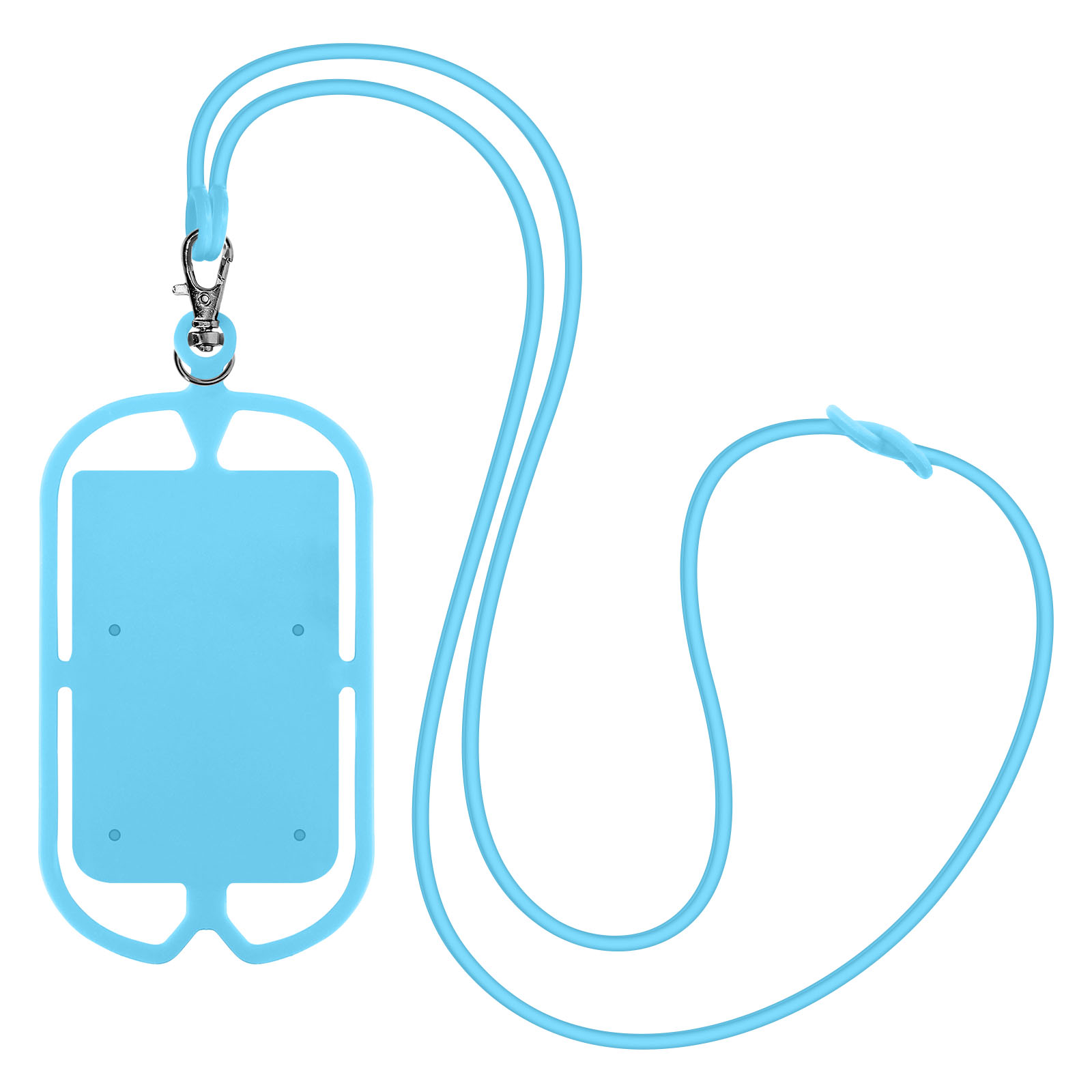 Un porta telefono azzurro con un cordino abbinato.