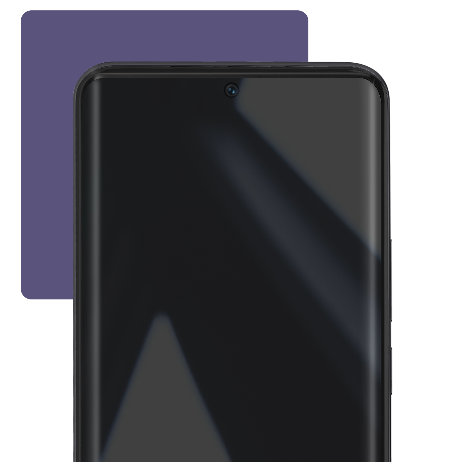 Viene mostrato uno smartphone nero con schermo curvo. Un rettangolo viola arrotondato è dietro il telefono.