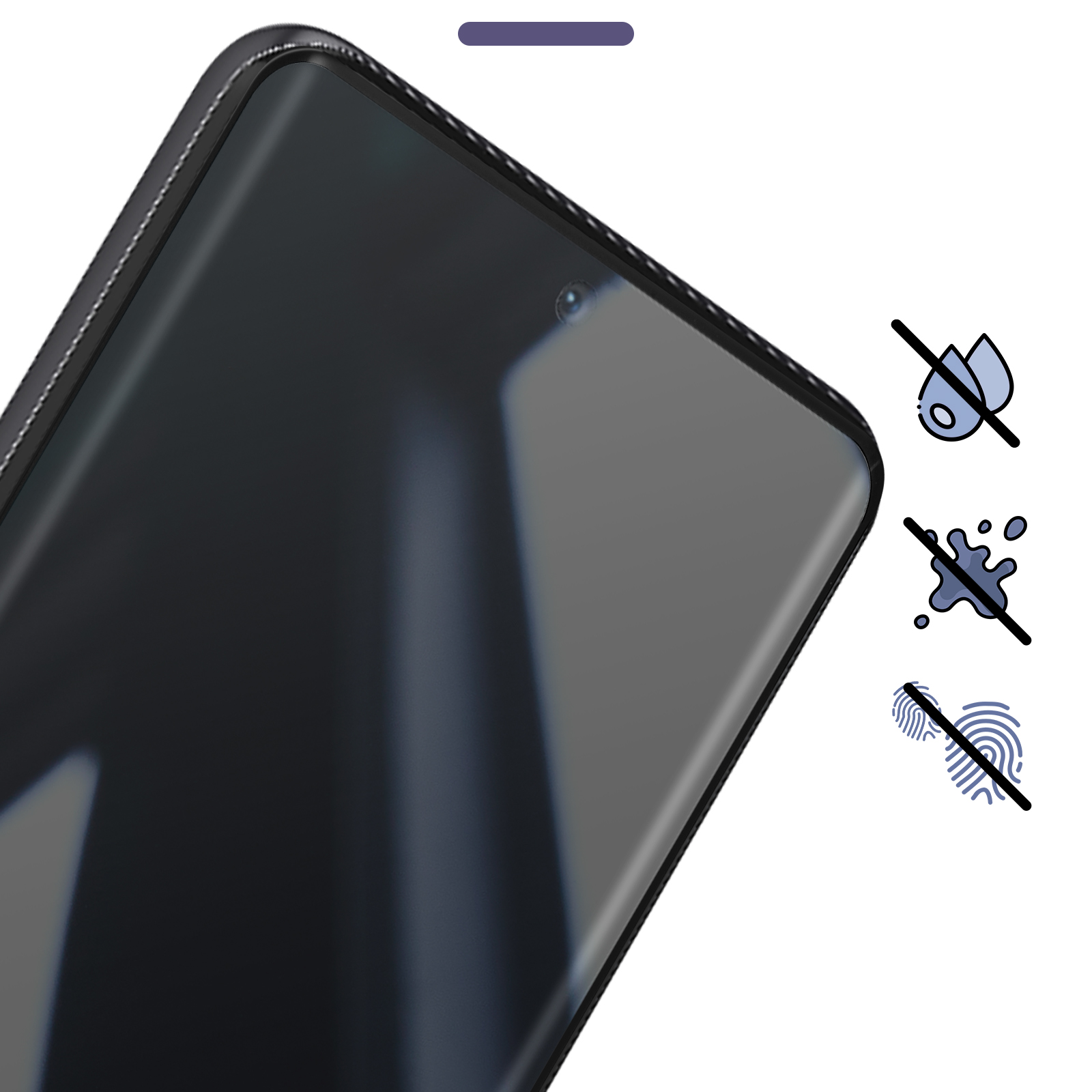 Schermo smartphone con pellicola protettiva. Icone indicano resistenza ad acqua, schizzi e impronte.