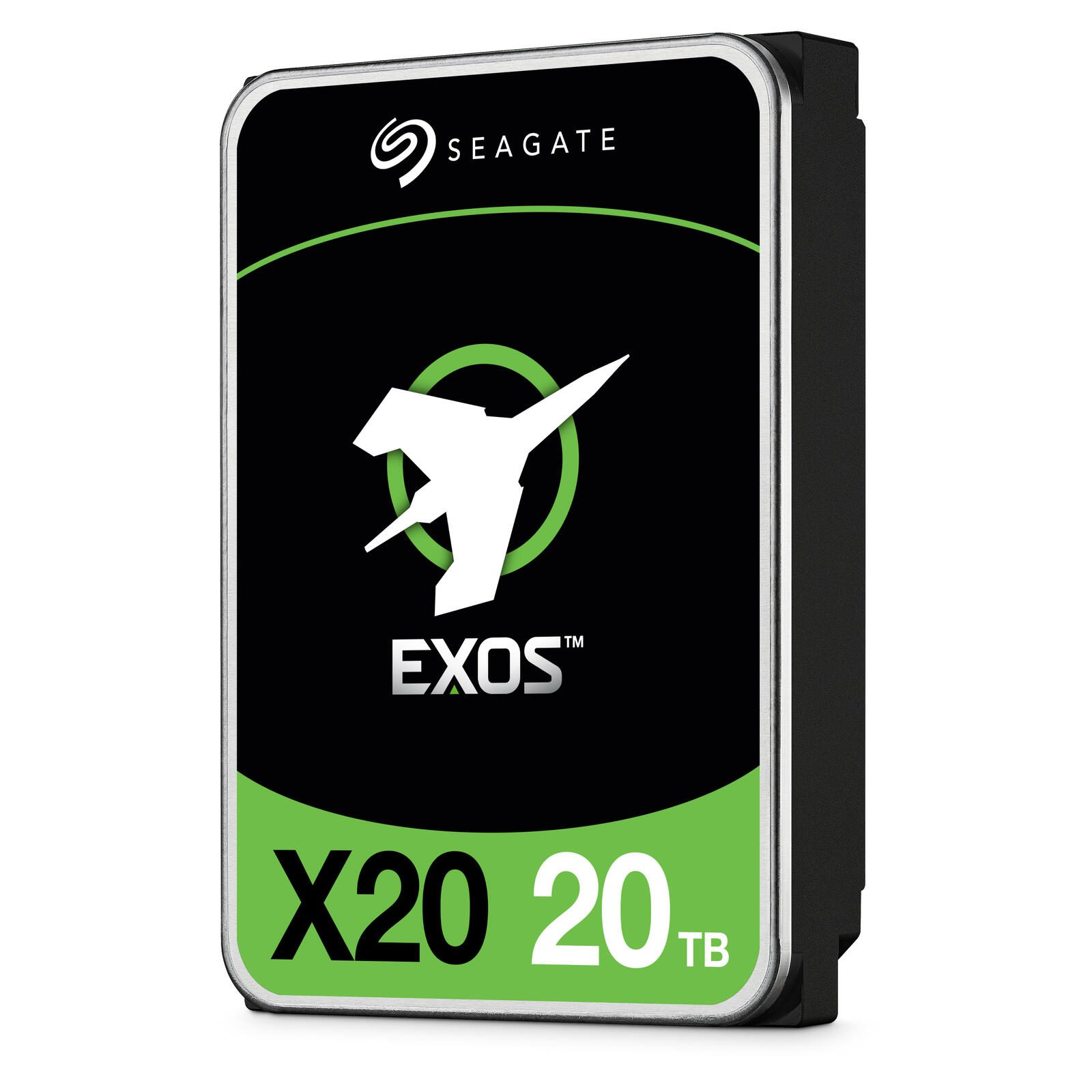 Czarny i srebrny dysk twardy Seagate EXOS X20 20TB. Zawiera logo Seagate i markę EXOS na zielonym tle.