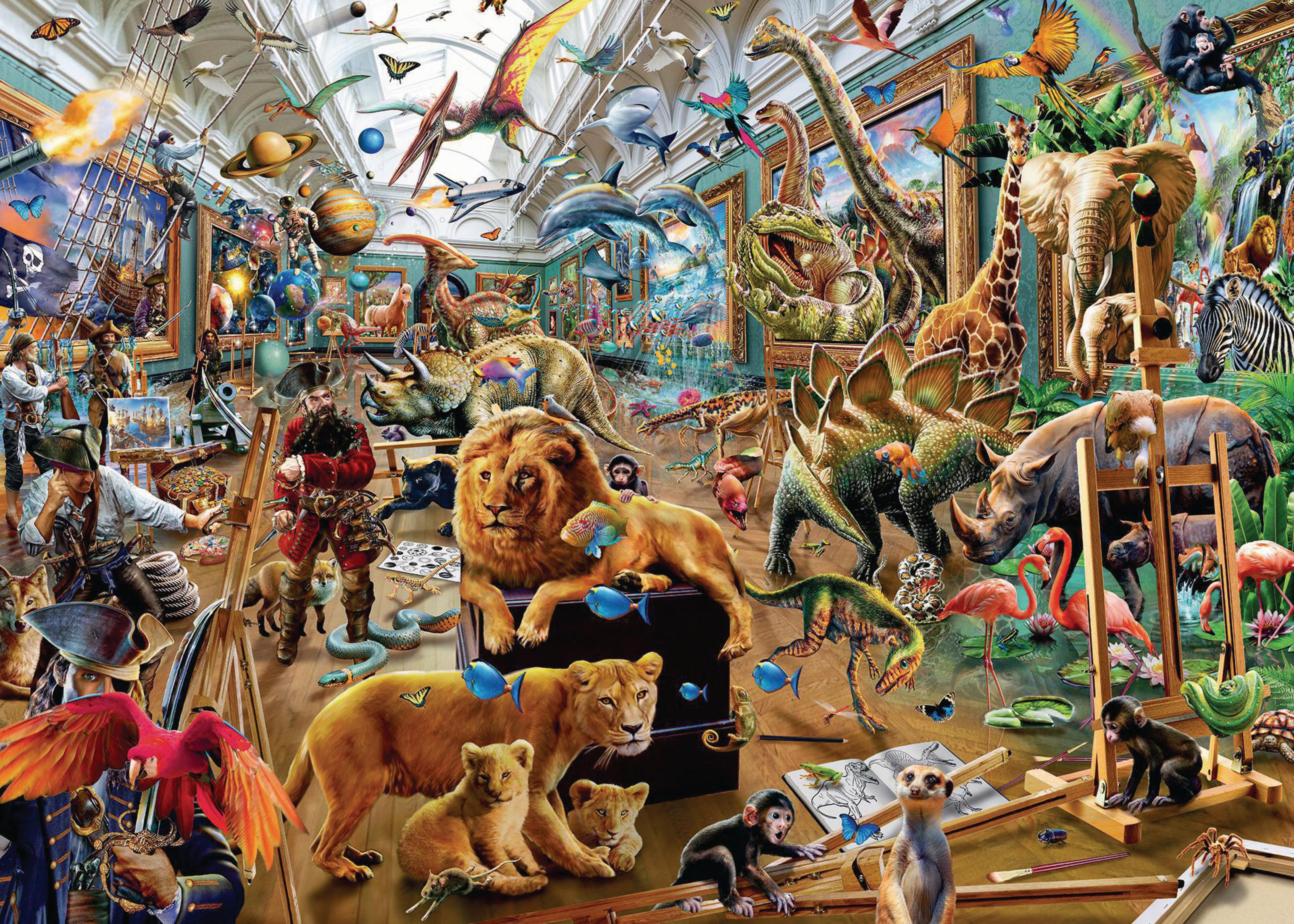 Szczegółowe dzieło sztuki z wieloma zwierzętami i ludźmi w galerii sztuki.