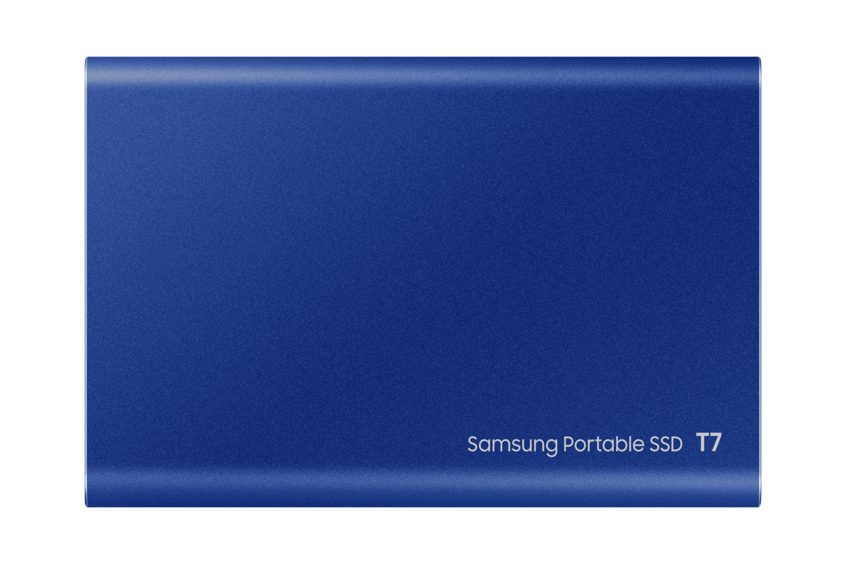 Blaues, rechteckiges Samsung Portable SSD T7. Weißer Text unten: "Samsung Portable SSD T7".