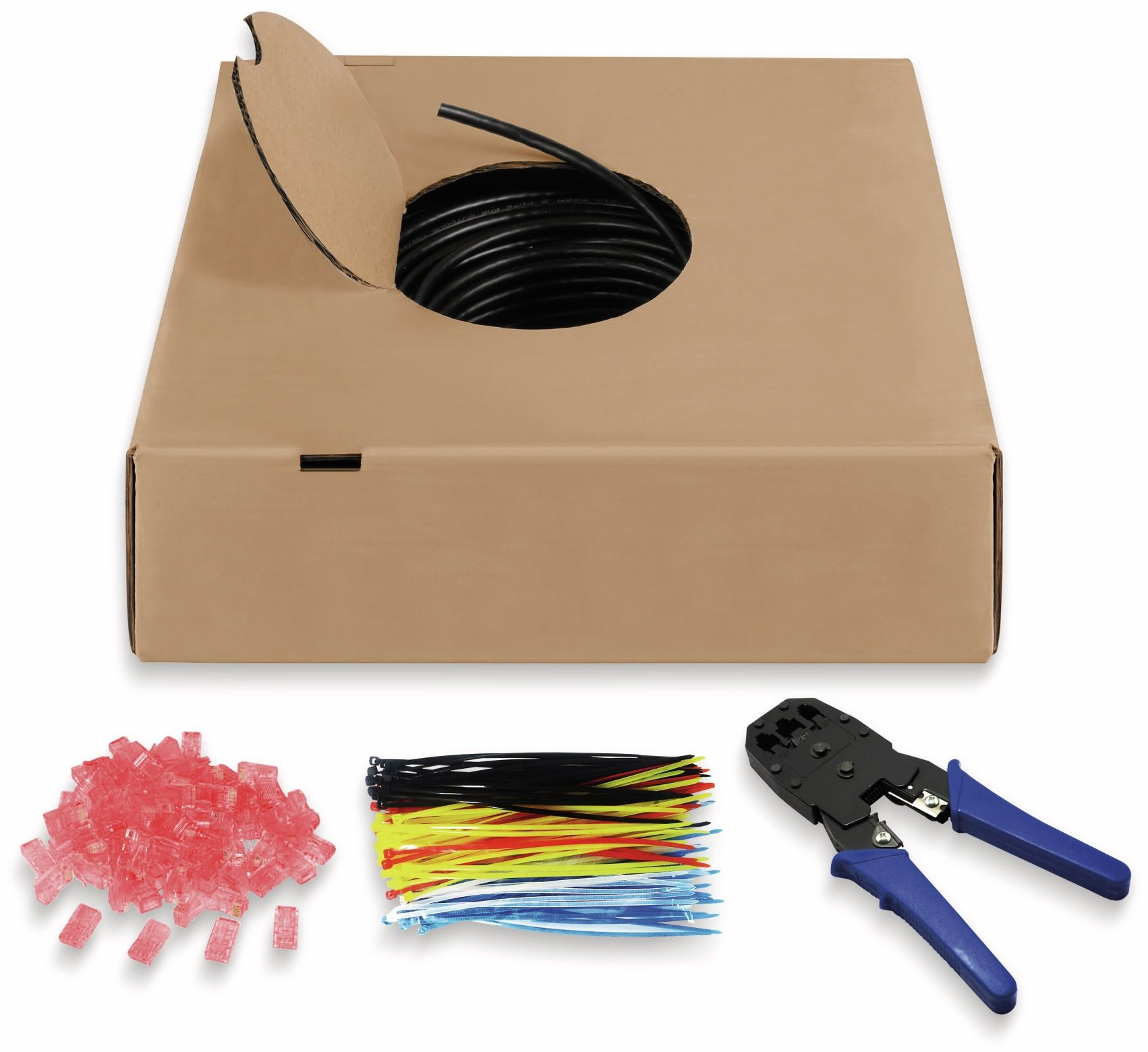 Pudełko z kablem, opaskami i narzędziami do instalacji sieci.