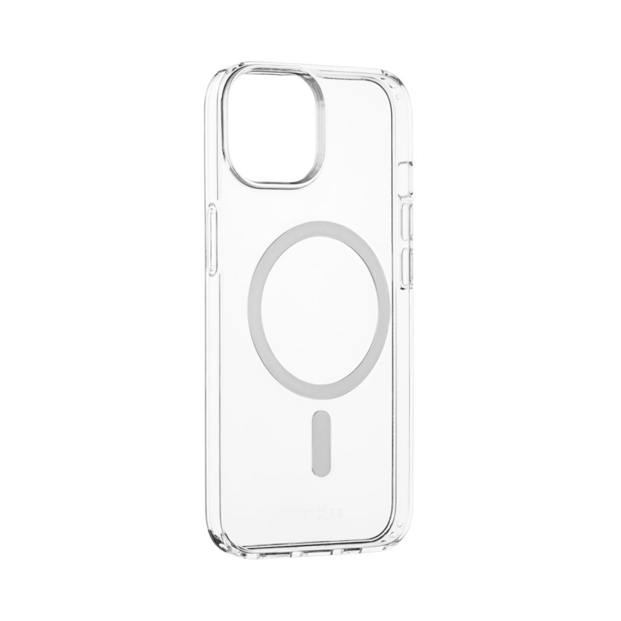 Transparente Handyhülle mit Kreis für MagSafe. Weißer Hintergrund.