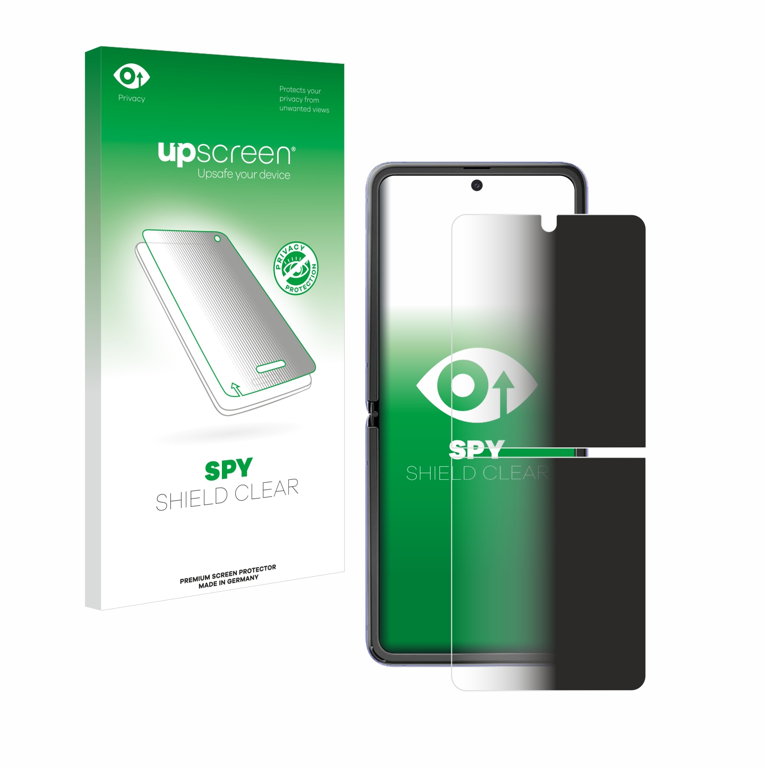 Displayschutzfolie für ein faltbares Handy. Weiße und grüne Verpackung. Telefon rechts.