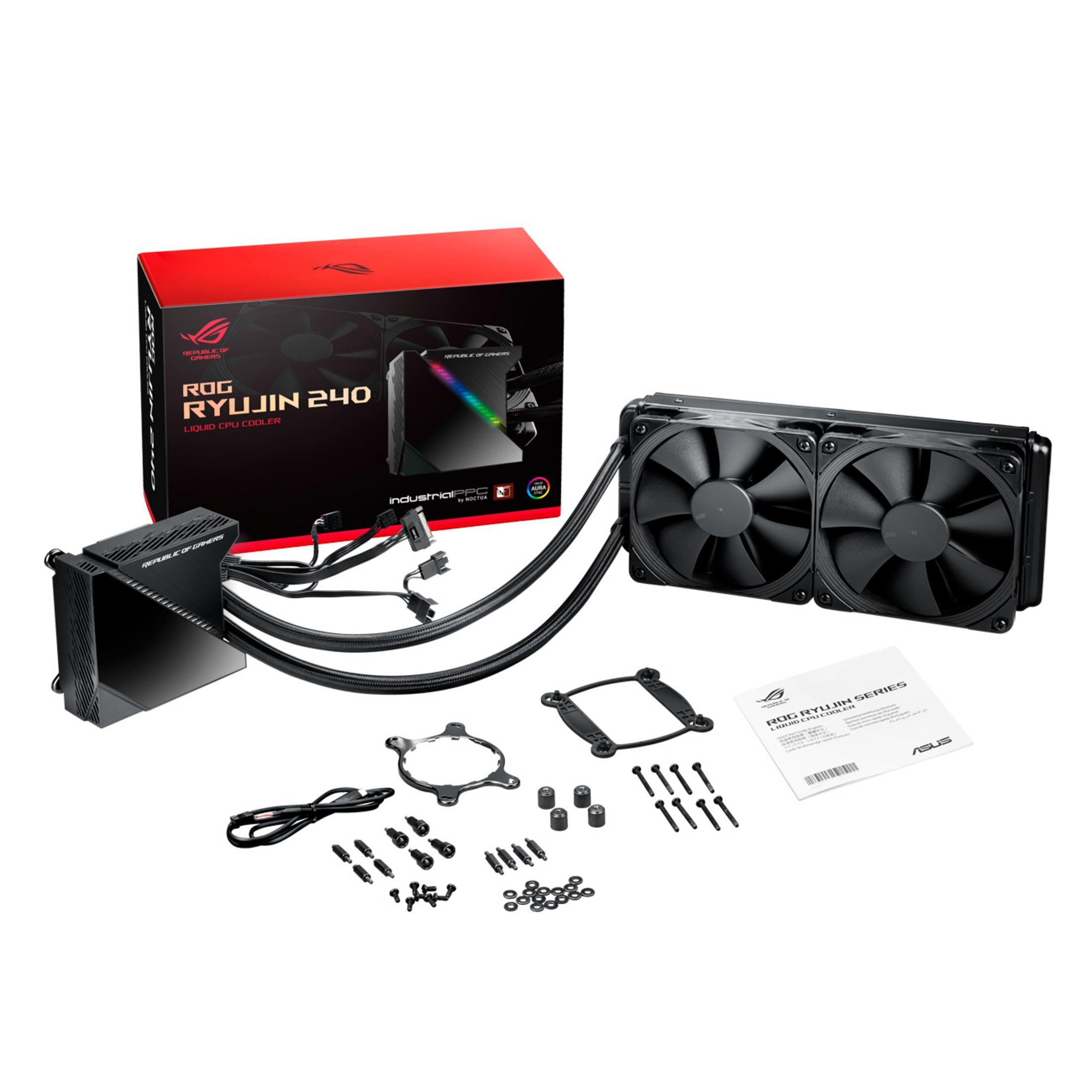 Zmontowany chłodnica cieczy procesora z wentylatorami i częściami na białej powierzchni.