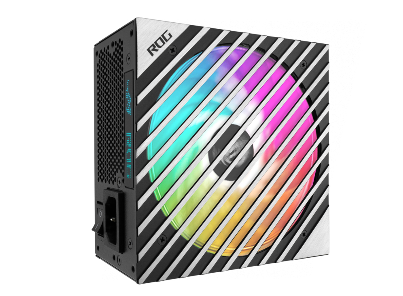 Zasilacz z kolorowym wentylatorem i kątową konstrukcją. Widoczne logo ROG.