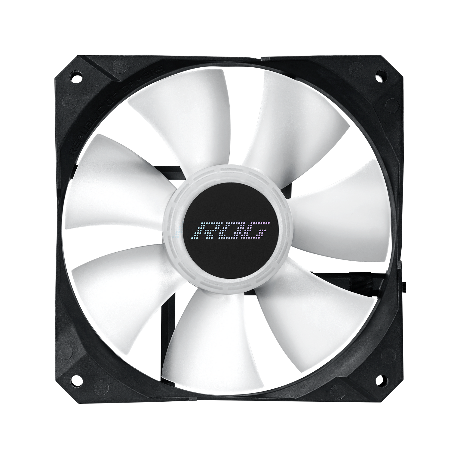 Ventola per computer nera con pale bianche e logo ROG.