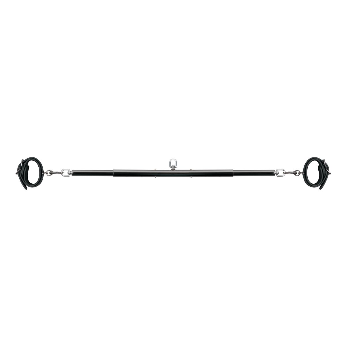 Eine Metallstange mit zwei schwarzen Manschetten an jedem Ende, verbunden durch Ketten. Ein zentraler Ring ist ebenfalls befestigt.