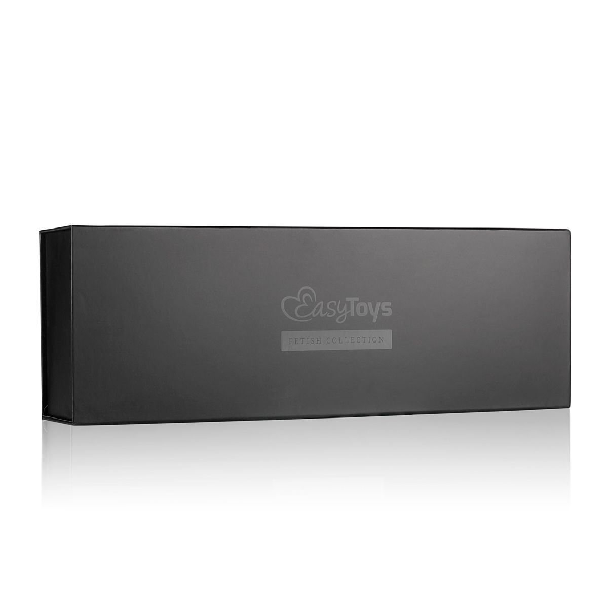 Eine dunkelgraue Schachtel mit dem EasyToys-Logo und dem Text "Fetish Collection" auf weißem Grund mit Spiegelung.