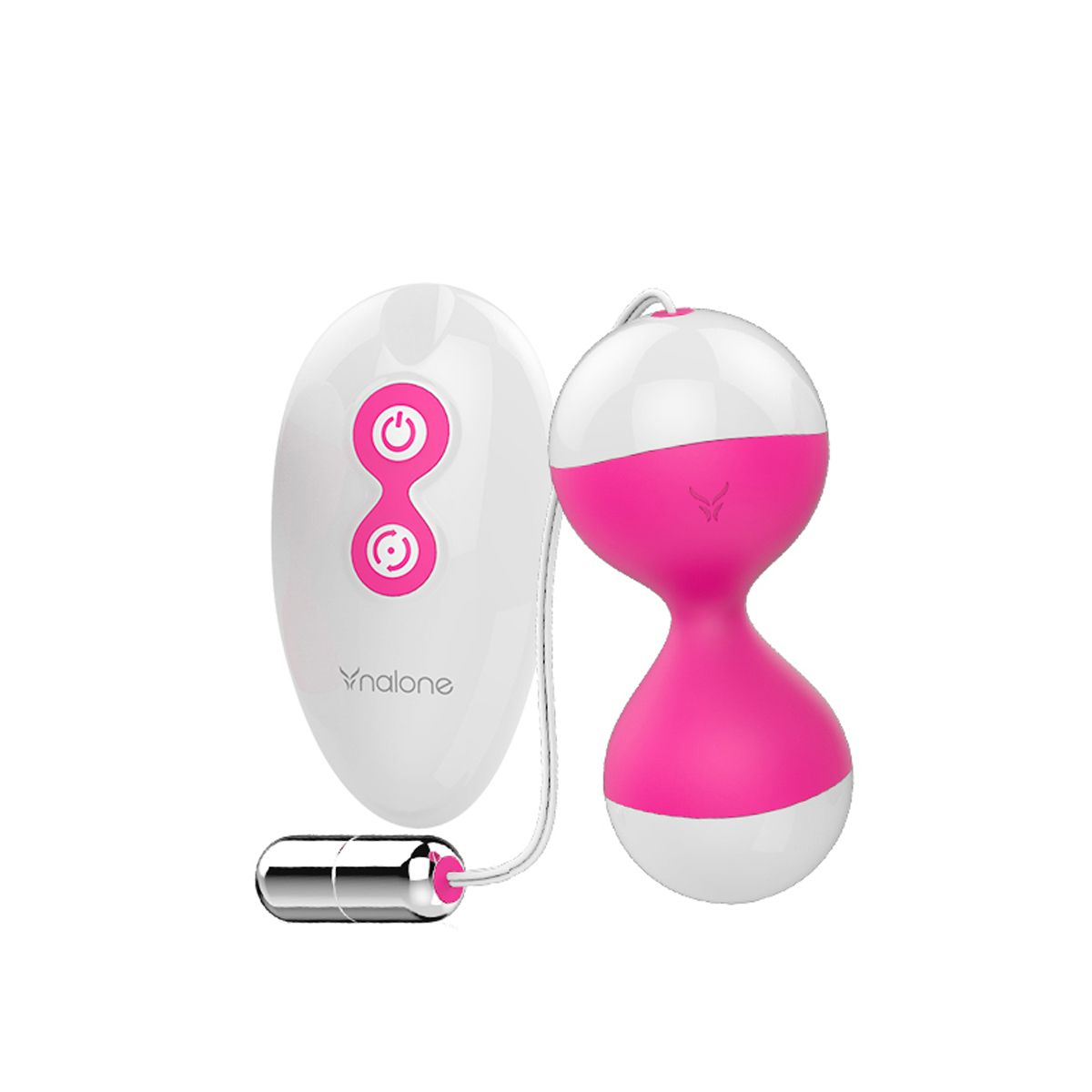 Un mando a distancia blanco y rosa y un juguete sexual rosa de dos partes.