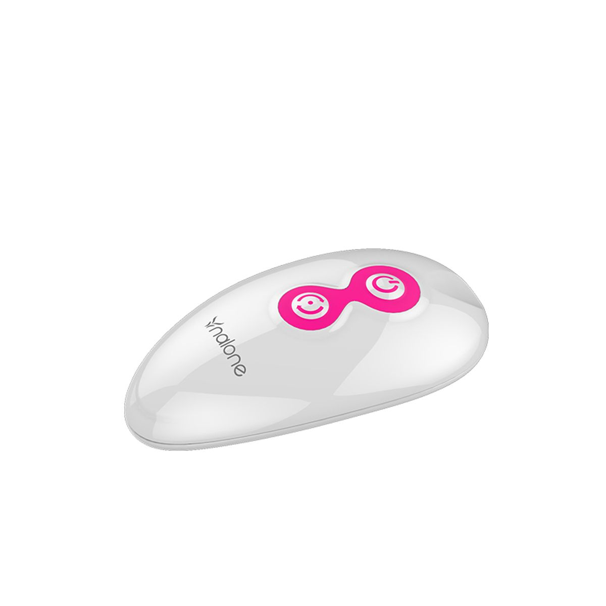 Un dispositivo blanco, ovalado, con gráficos de botones rosas. La palabra 'Ynalone' está impresa.