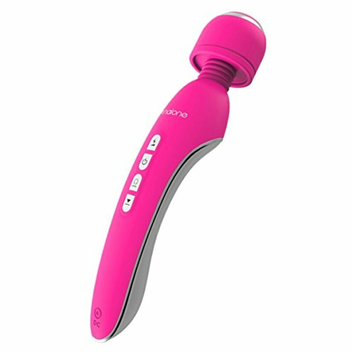 Un vibrador rosa con una cabeza redondeada y botones de control, sobre un fondo blanco.