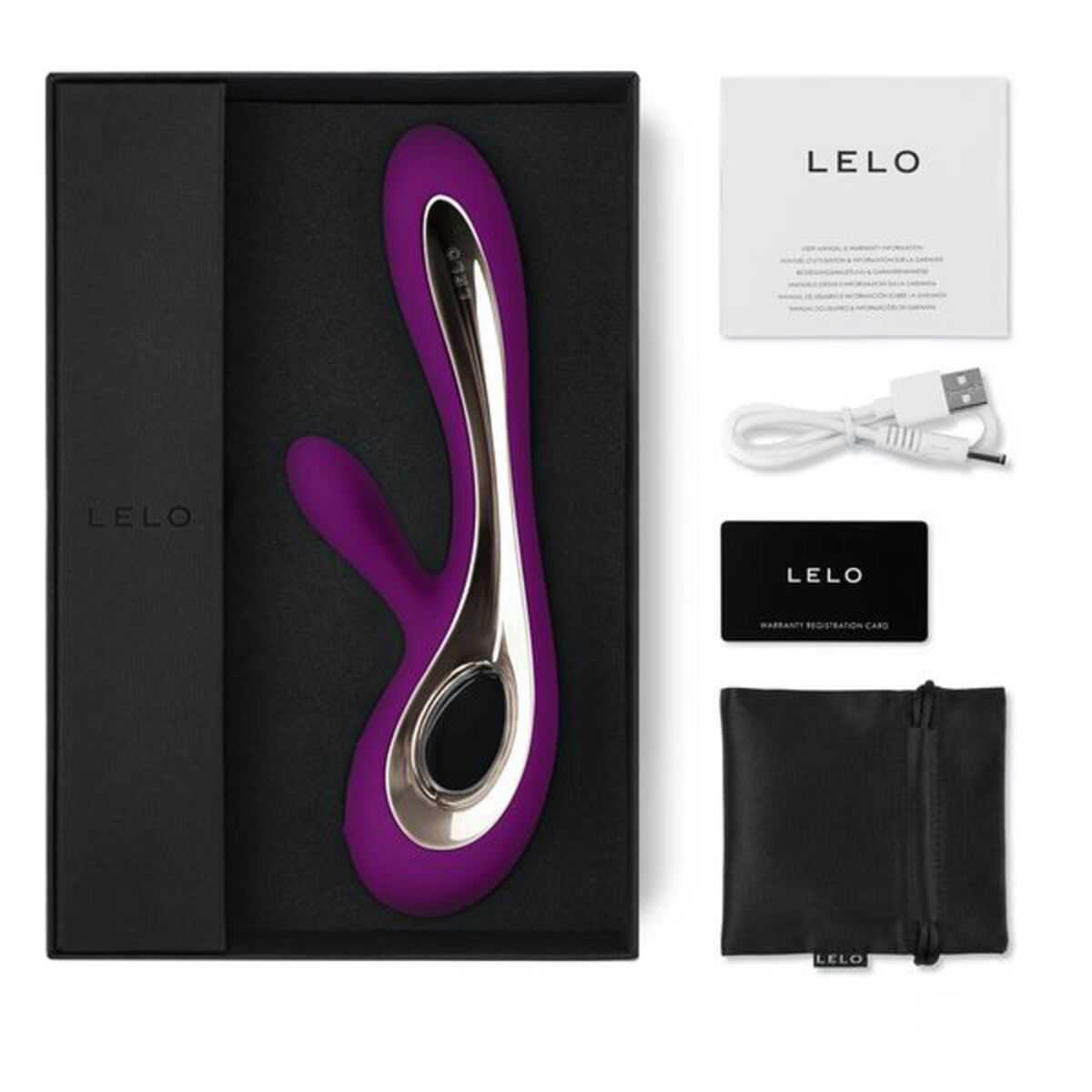 Kit de juguetes sexuales Lelo. Vibrador morado, accesorios negros. Caja negra. Fondo blanco.