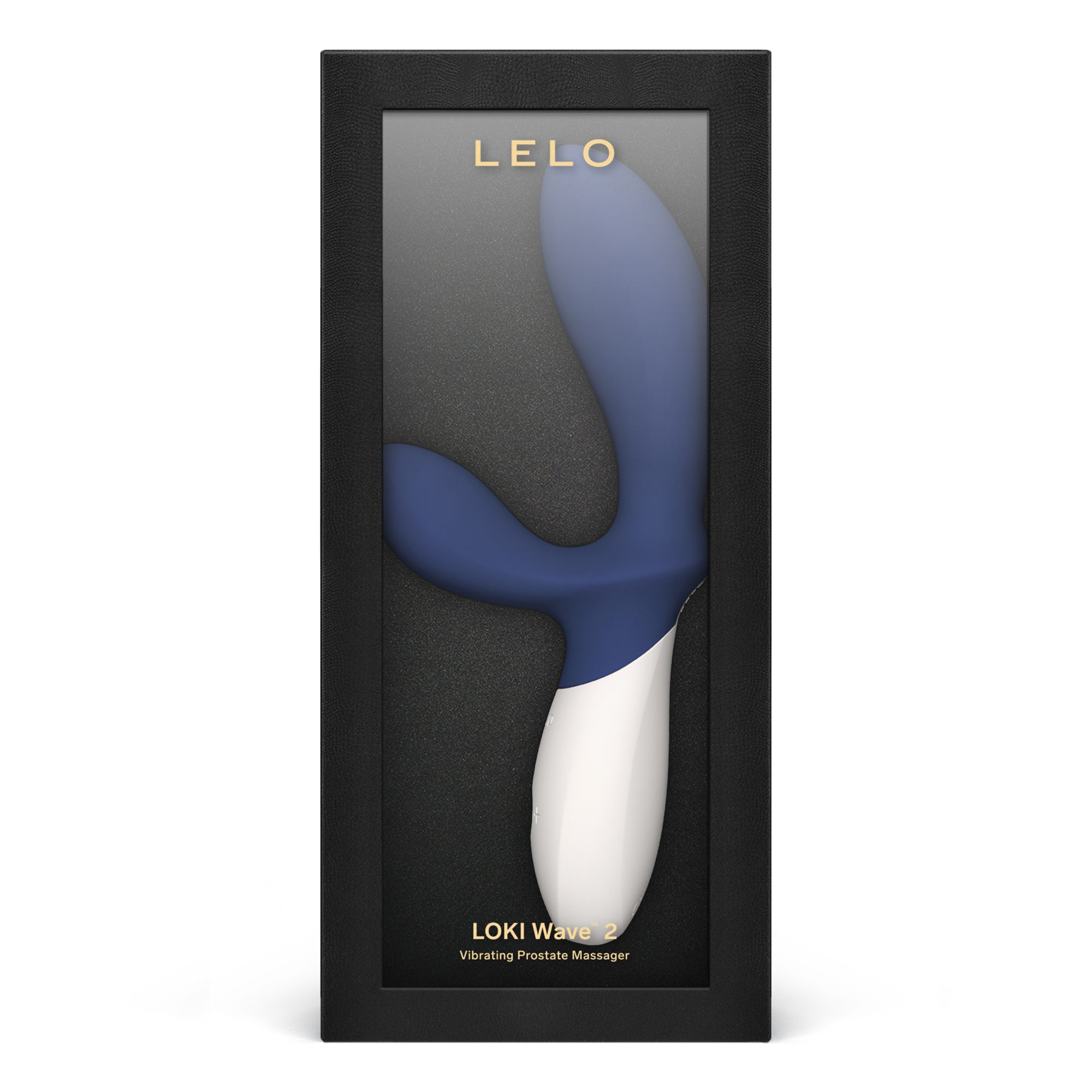 Masajeador de próstata azul y blanco Lelo LOKI Wave 2 en caja negra.