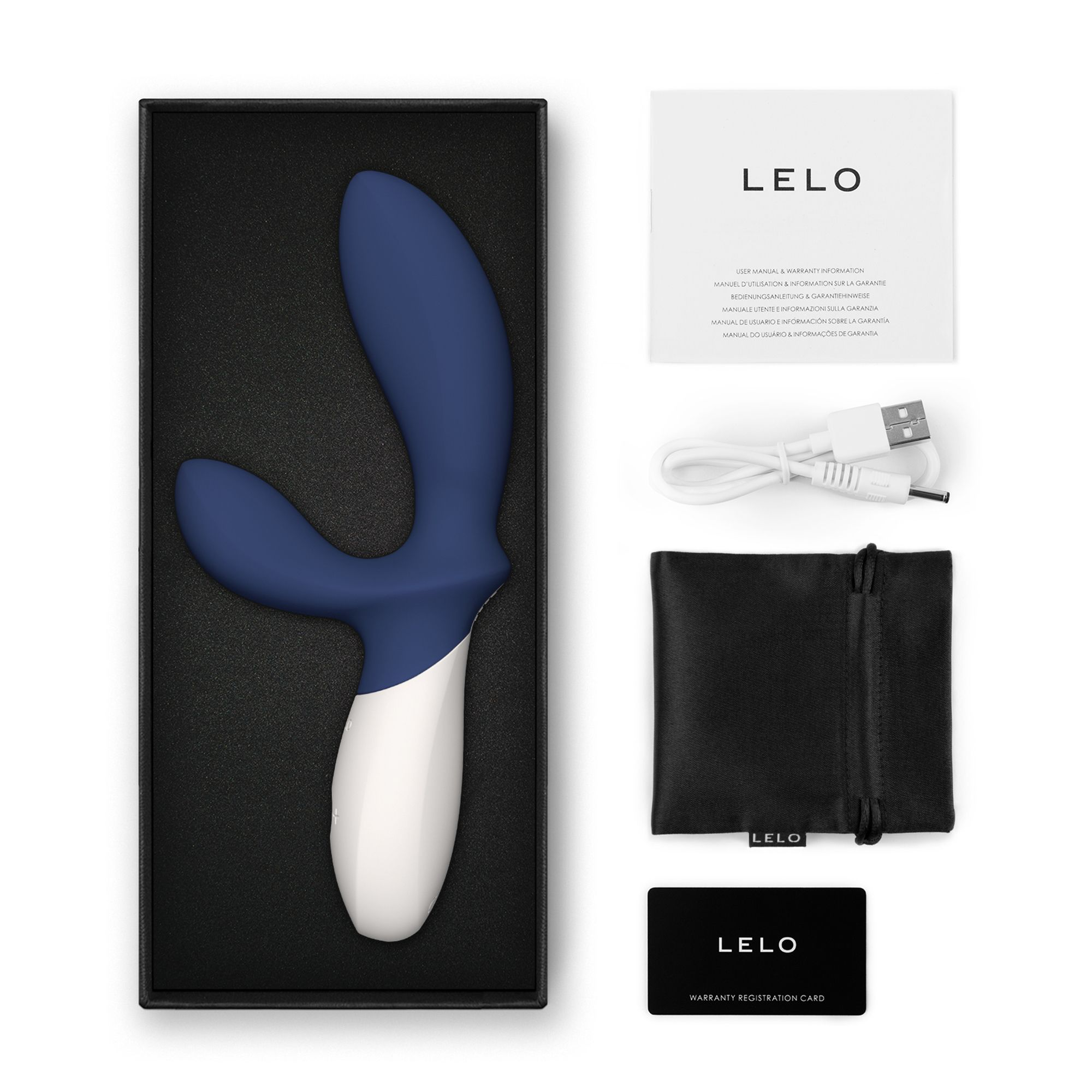 Dispositivo azul y blanco Lelo en caja, con manual, cable de carga, bolsa negra y tarjeta de garantía.